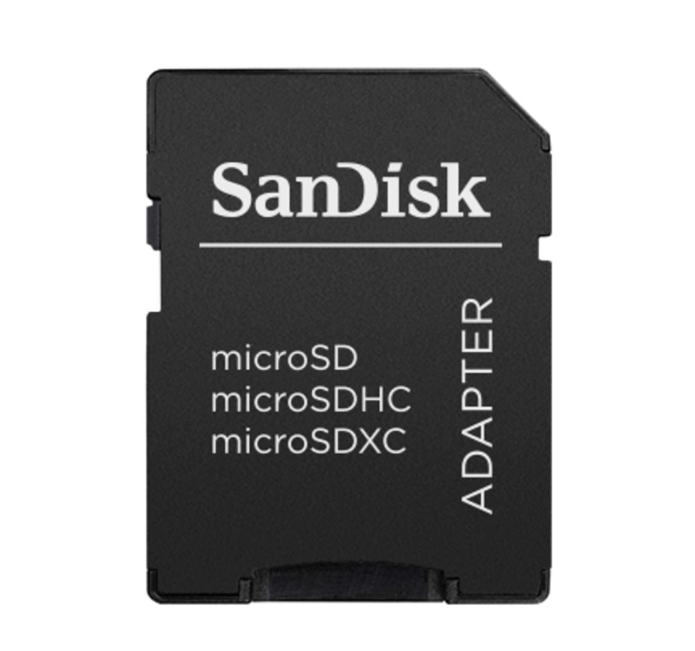 Schwarzer SanDisk microSD-Adapter mit microSD-, microSDHC- und microSDXC-Etiketten.