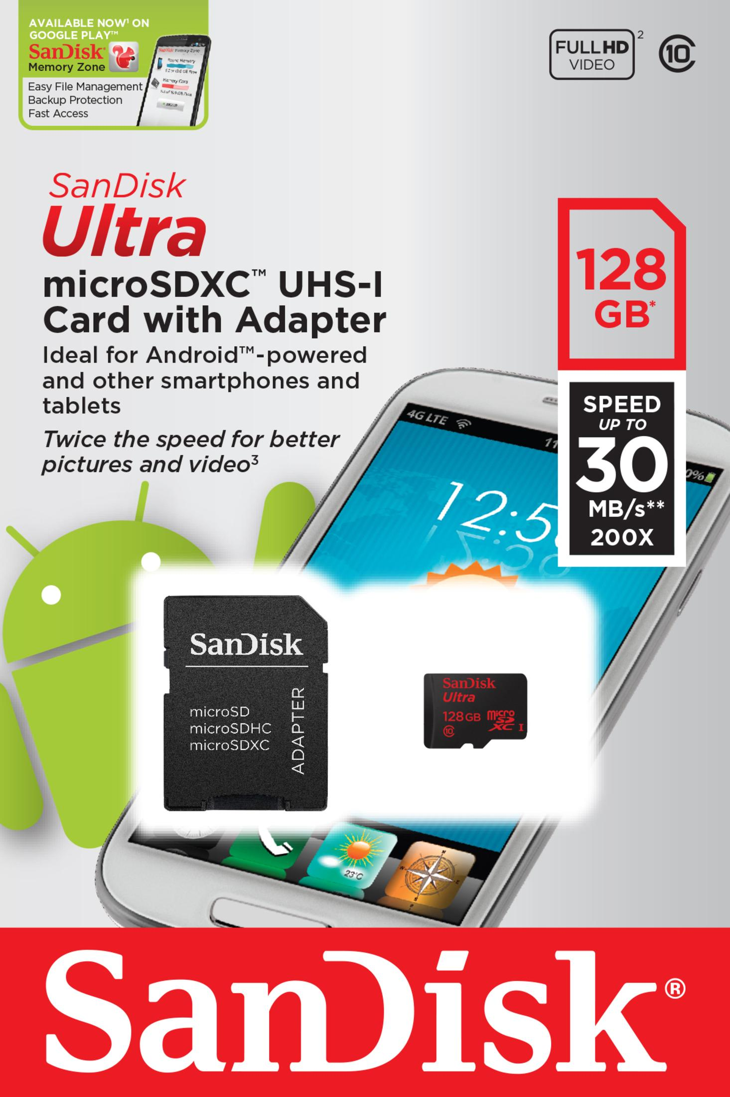 SanDisk Ultra microSD-Karte in Verpackung, mit Smartphone und Text.