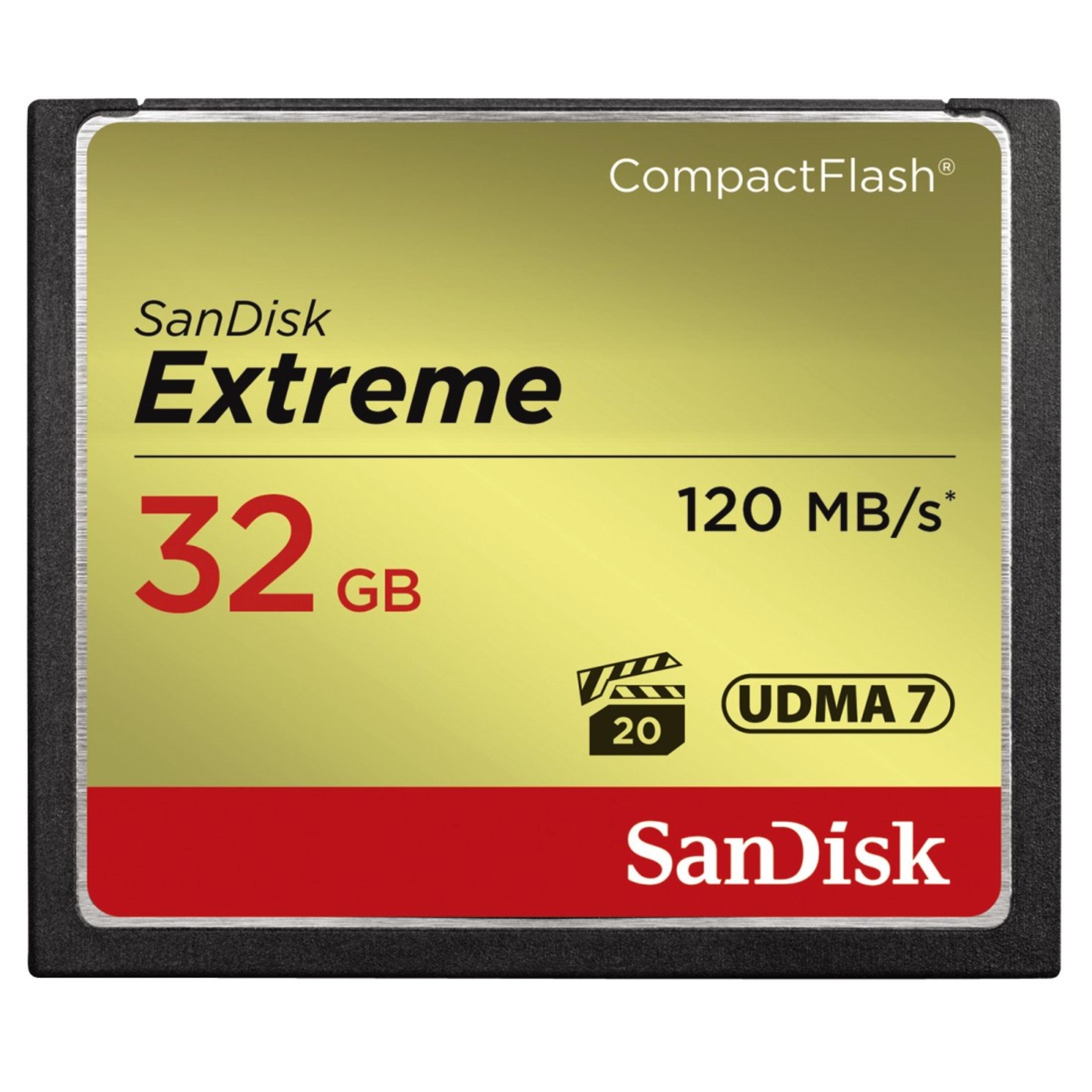 SanDisk Extreme 32 GB CompactFlash-Karte, auf gold-rotem Hintergrund.