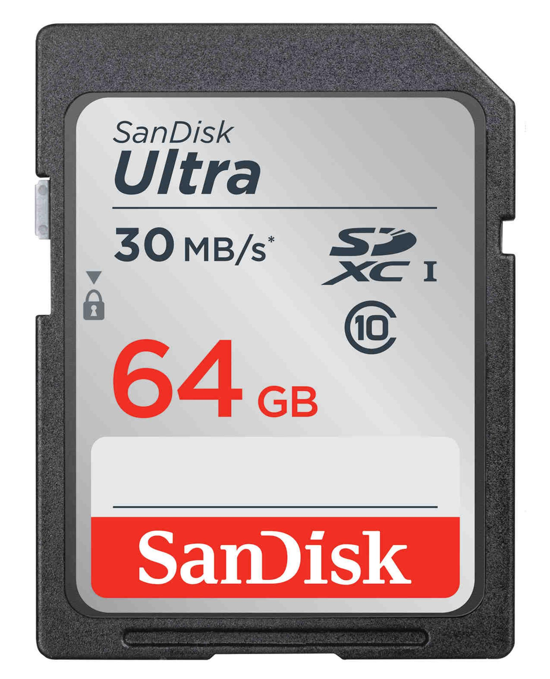 Scheda SD Sandisk Ultra con capacità di 64 GB e classificazione di velocità Classe 10.