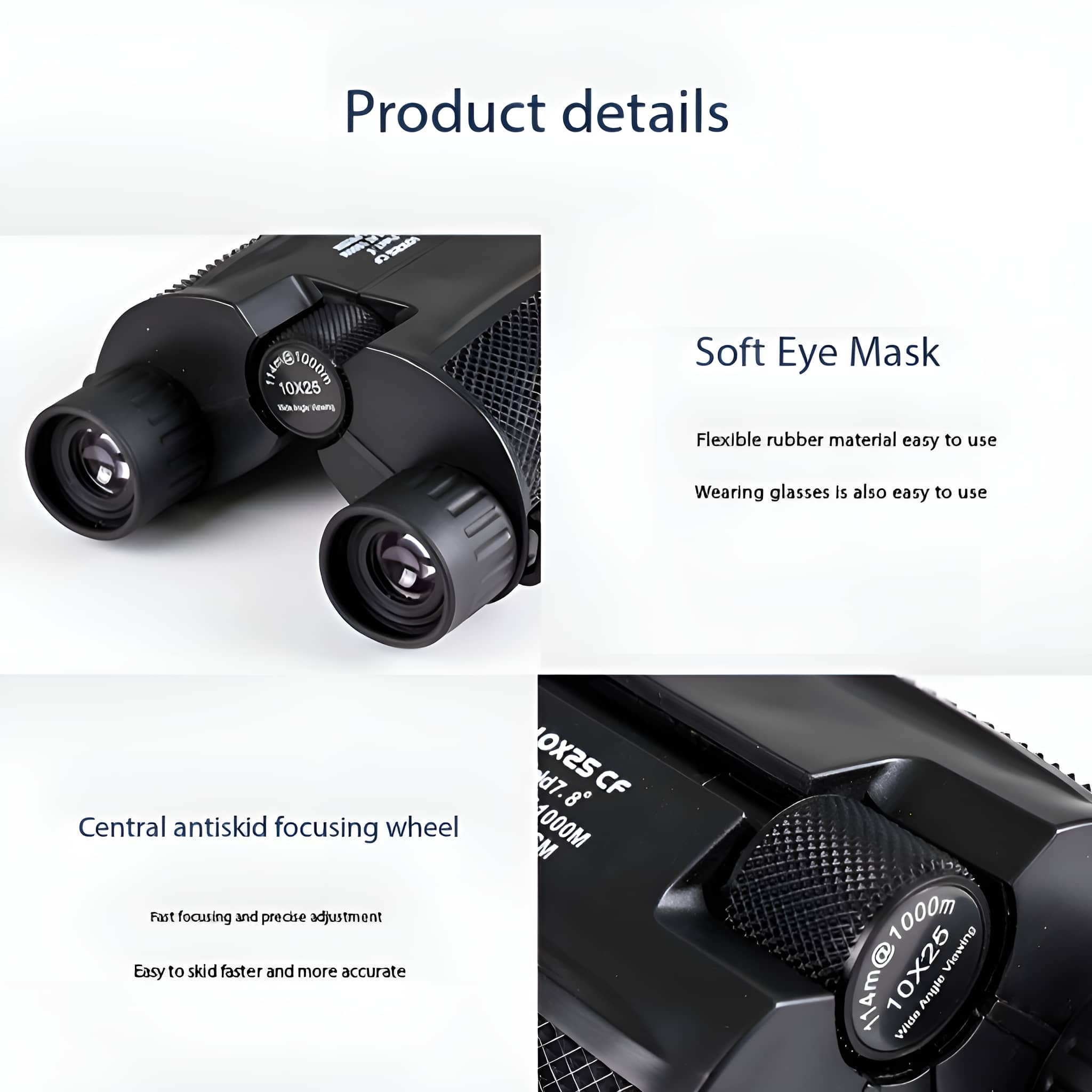 Nahaufnahme eines schwarzen Fernglases mit Text und Details. Text sagt Produktdetails und weiche Augenmaske.