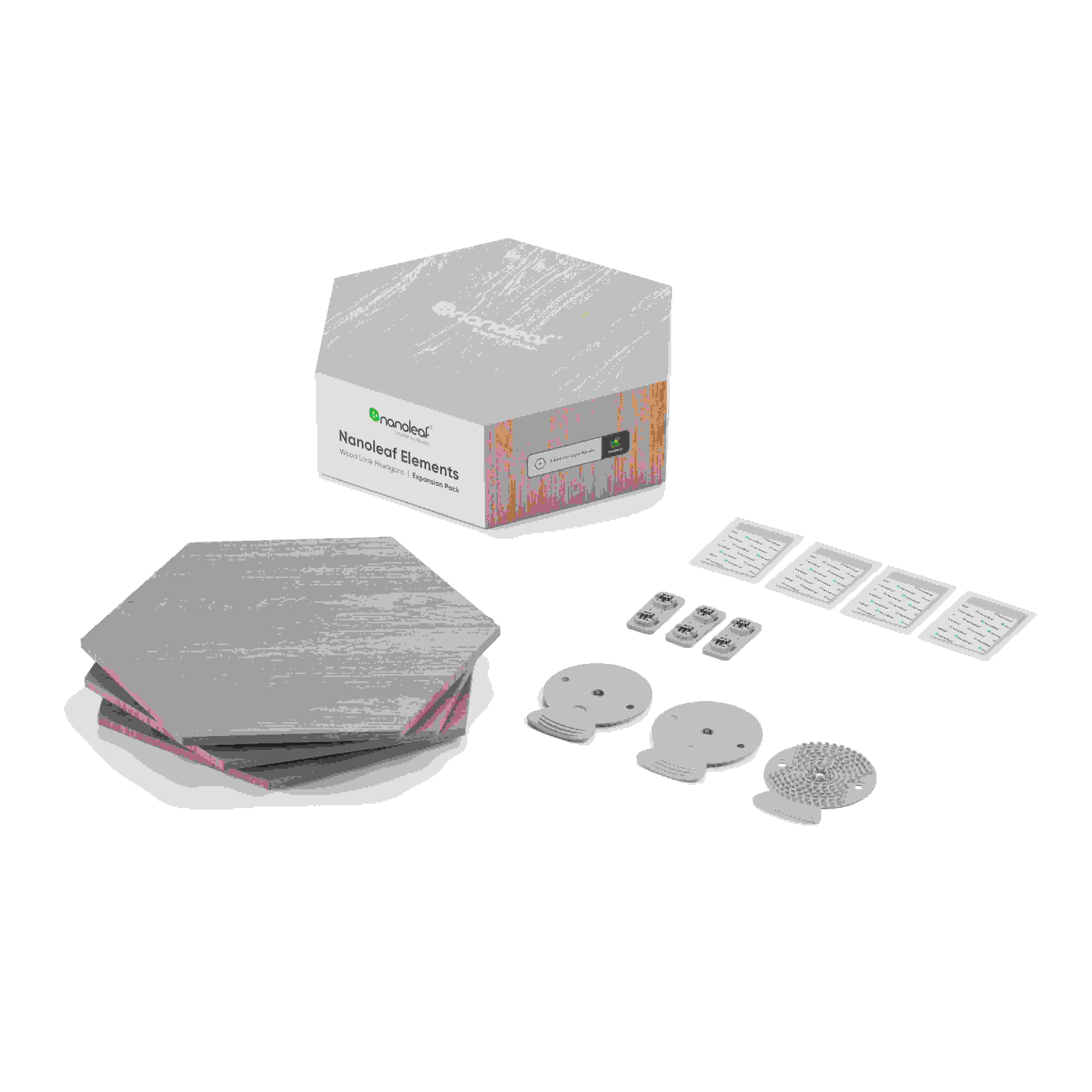 Sechseckige Nanoleaf Elements Smart Light Panels und Zubehör, in einer Box.