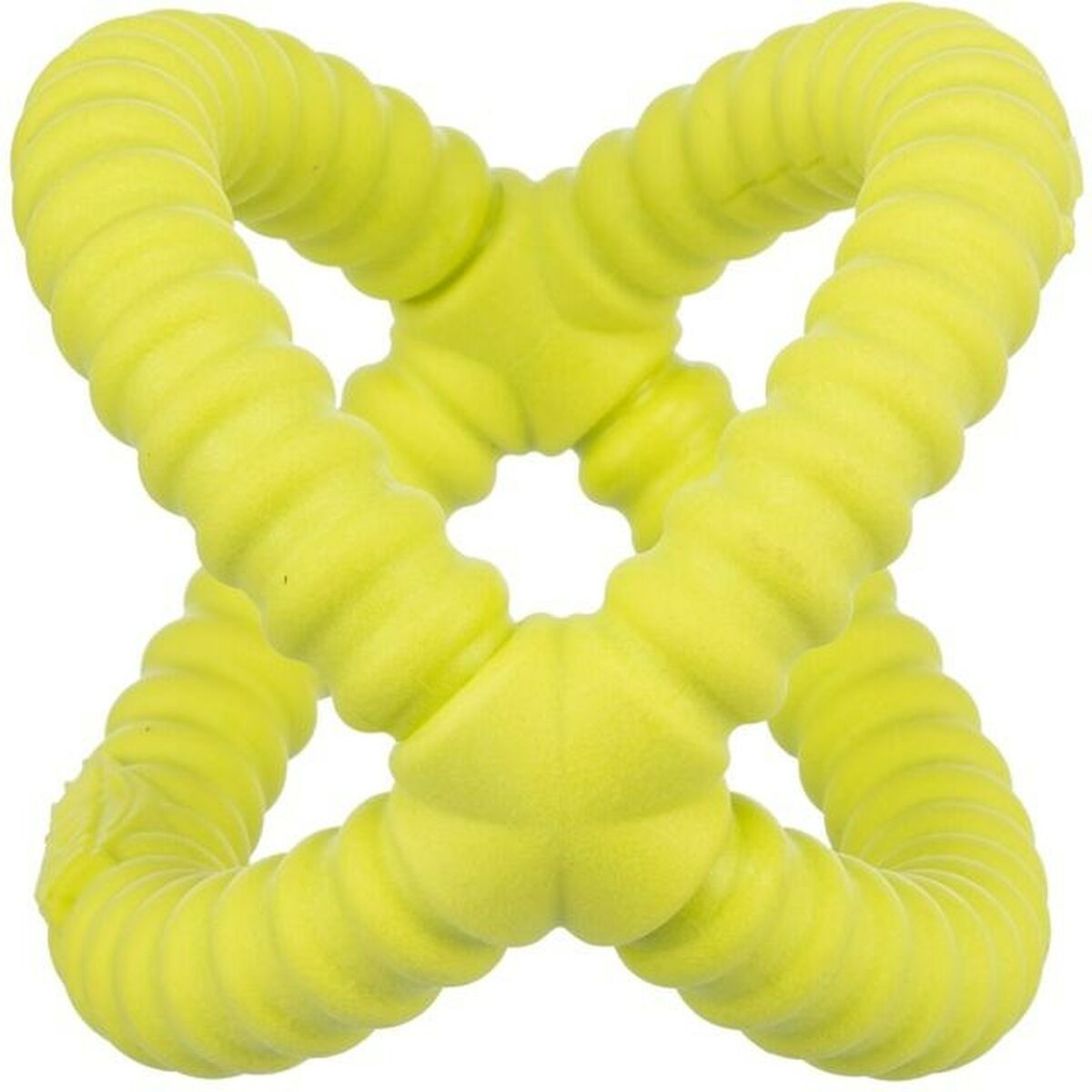 Un giocattolo giallo per cani a forma di nodo.