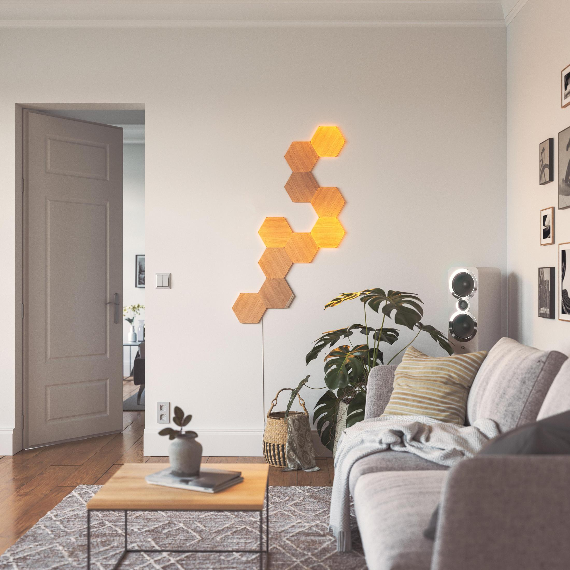 Wohnzimmer mit Couch, hölzerner Wanddekoration und einer Pflanze. Links ist eine Tür.