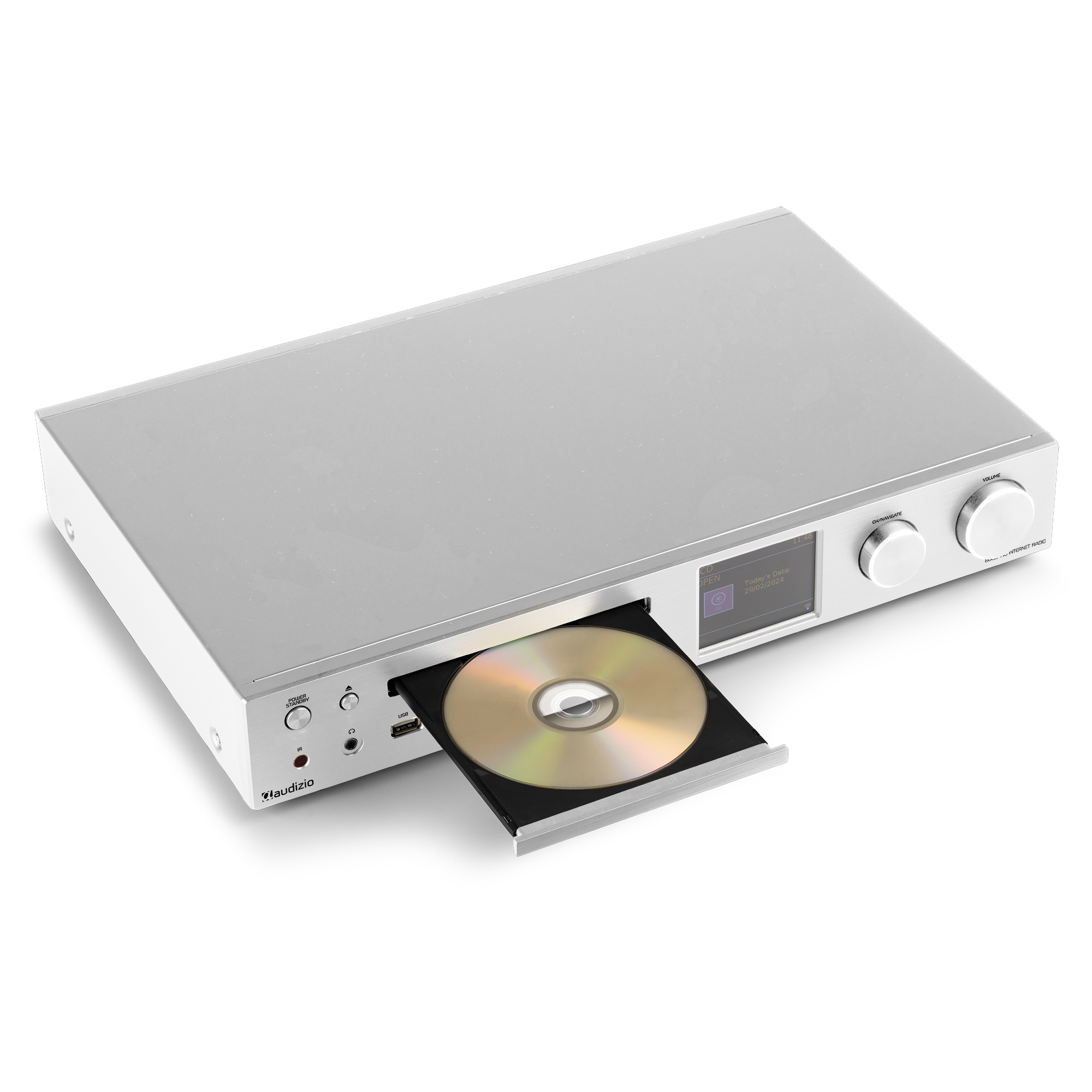Reproductor de CD plateado con bandeja abierta sosteniendo un CD, fondo blanco.
