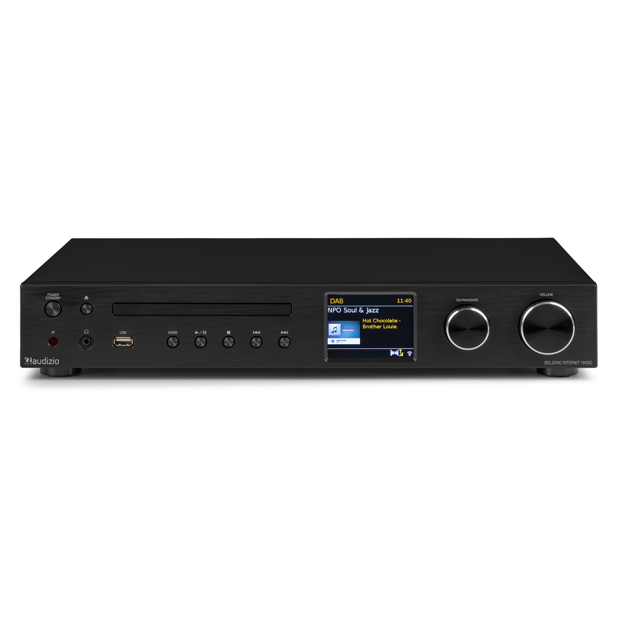 Schwarzer CD-Player mit einem Bildschirm, der Radioinformationen anzeigt. Zwei Knöpfe und Tasten.