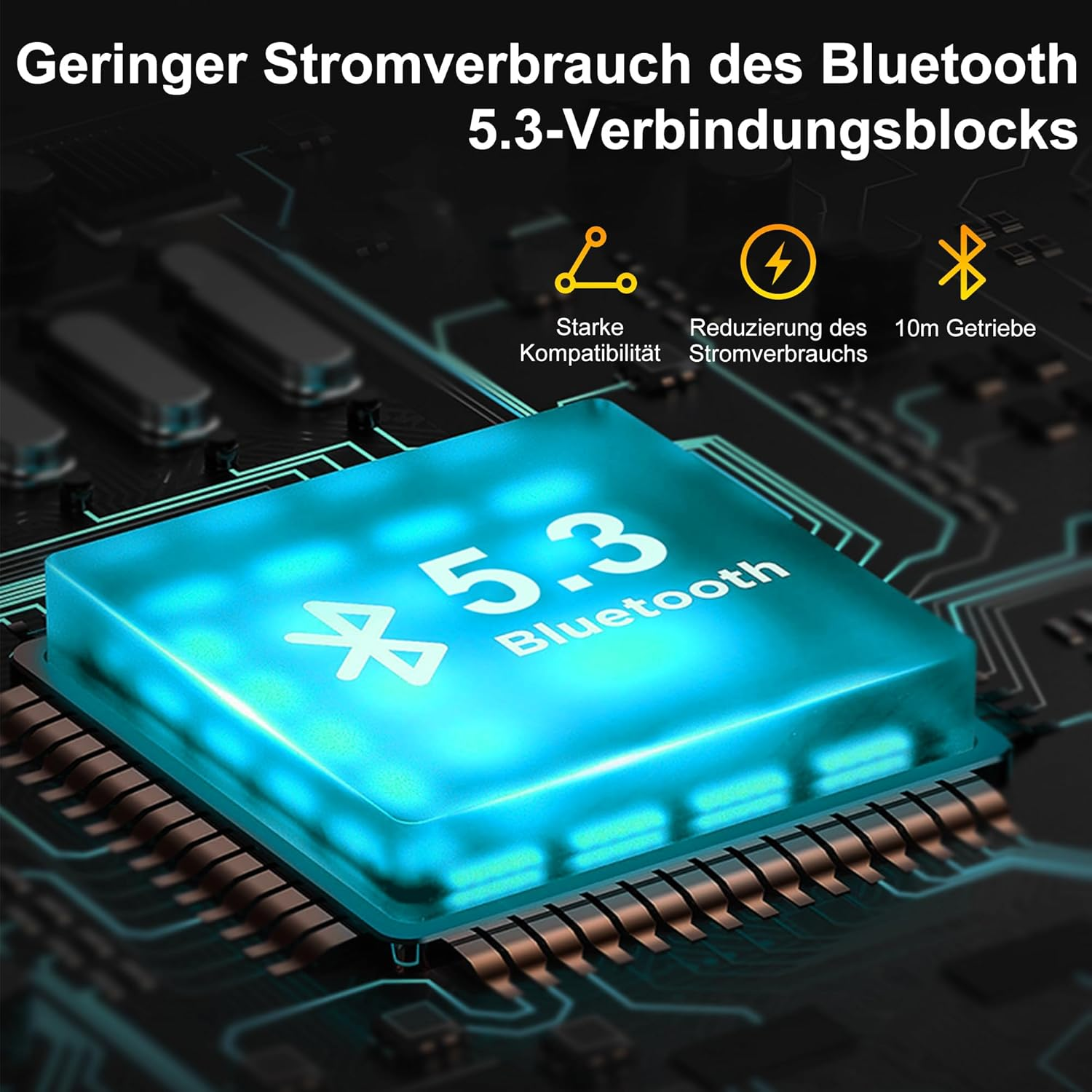 Ein hellblaues Bluetooth-Gerät mit Bluetooth-Logo. Deutscher Text umgibt das Gerät.