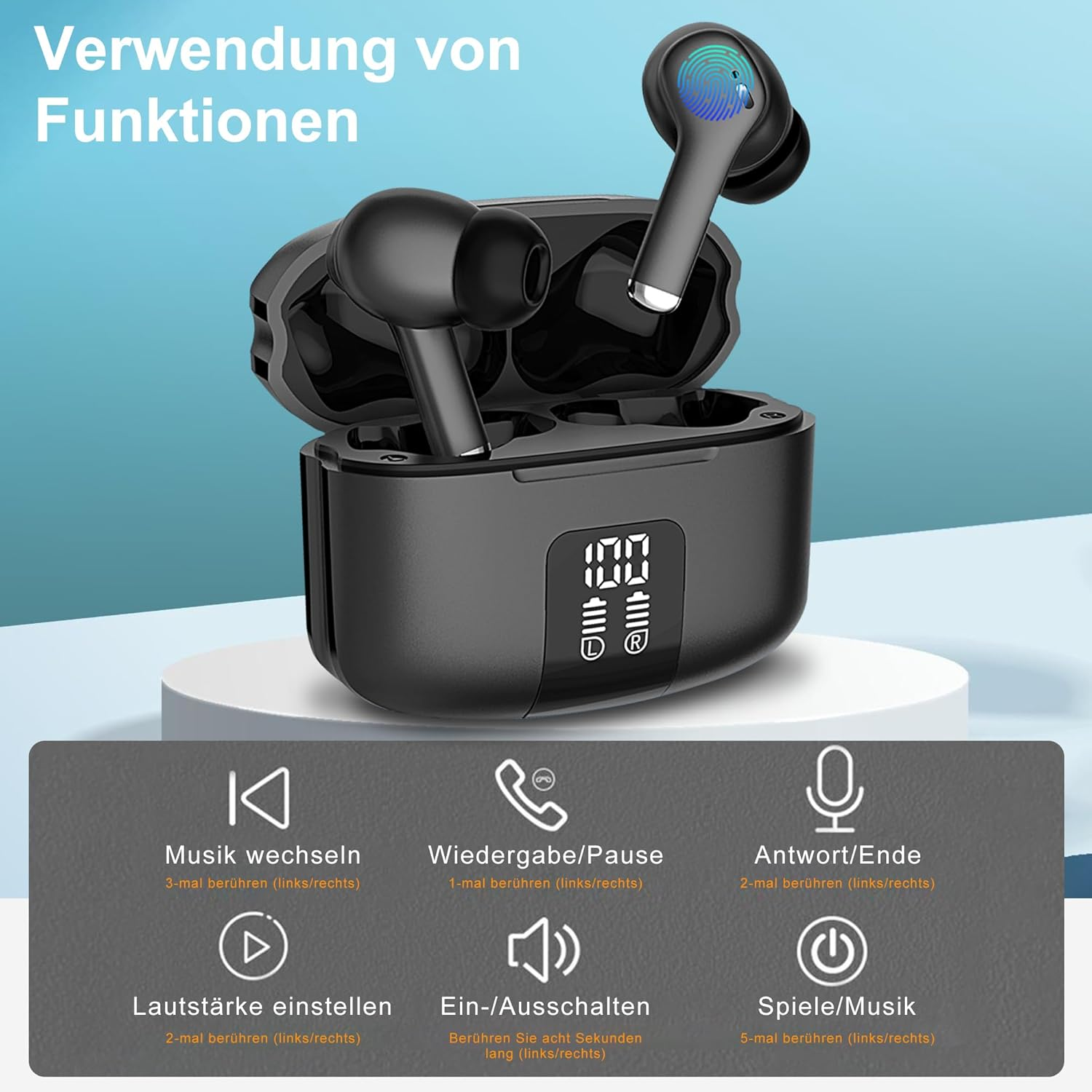 Schwarze kabellose Ohrhörer mit Ladecase, Steuerung für Musik, Pause, Lautstärke und Ein/Aus.