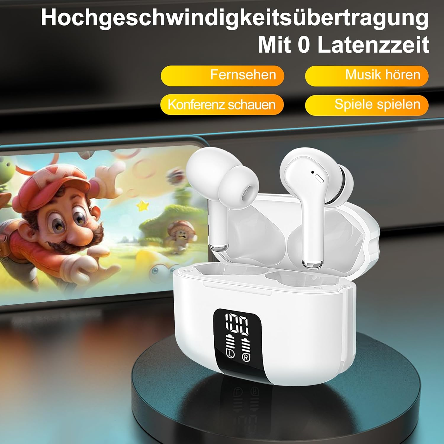Weiße kabellose Ohrhörer in einem Ladeetui mit Cartoon auf dem Bildschirm.