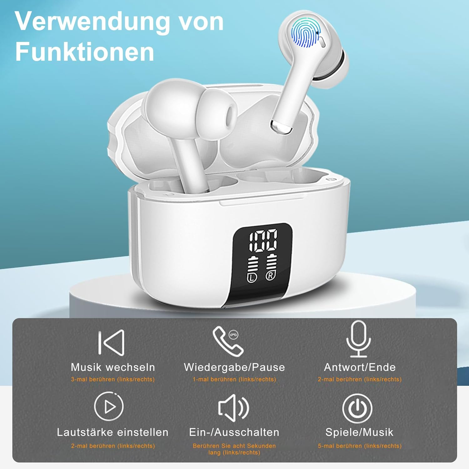 Weiße kabellose Ohrhörer, Ladecase mit Display und Icons, die verschiedene Touch-Funktionen anzeigen.
