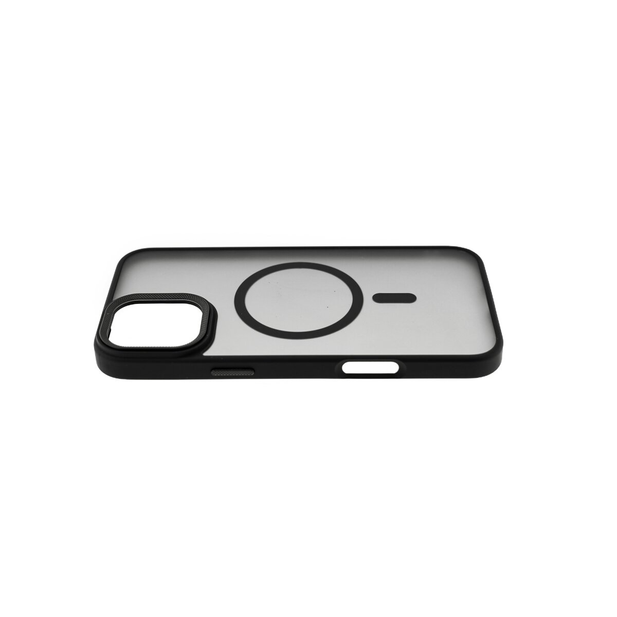 Custodia nera per telefono con anello MagSafe, su sfondo bianco, che mostra il retro.