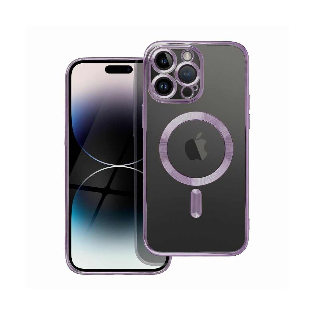 Custodia viola per telefono con MagSafe. Telefono dentro, visibile.
