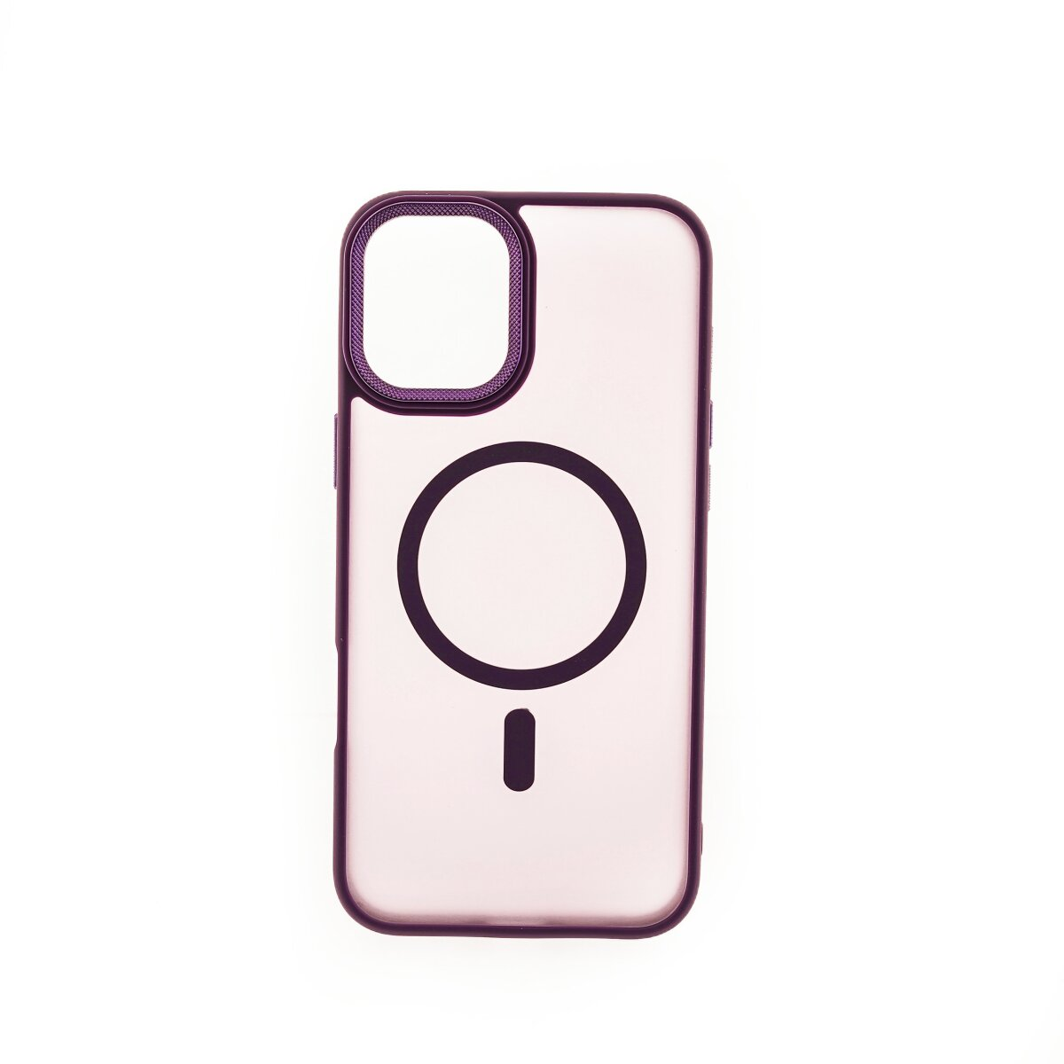 Custodia trasparente per iPhone. Bordo viola e design MagSafe circolare. Sfondo bianco.