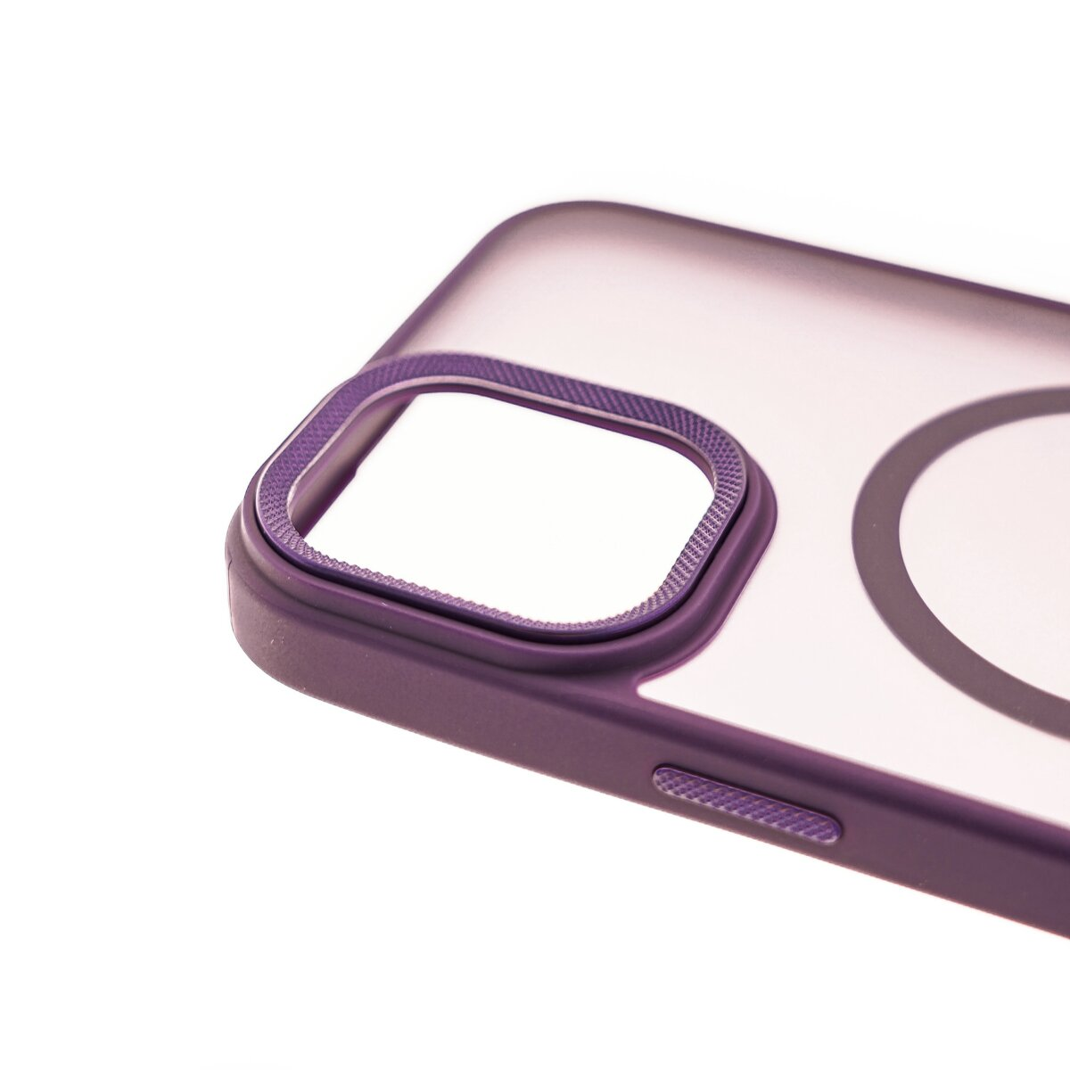 Primo piano di una custodia viola, con ritaglio per fotocamera e cerchio.