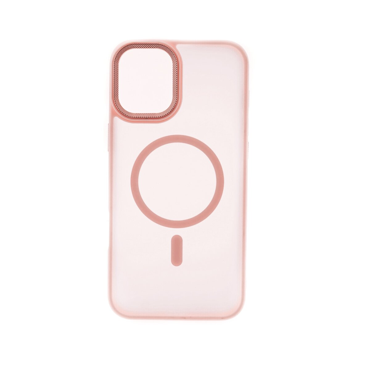 Custodia per telefono rosa con ritaglio per fotocamera e area di ricarica circolare. Sfondo bianco.