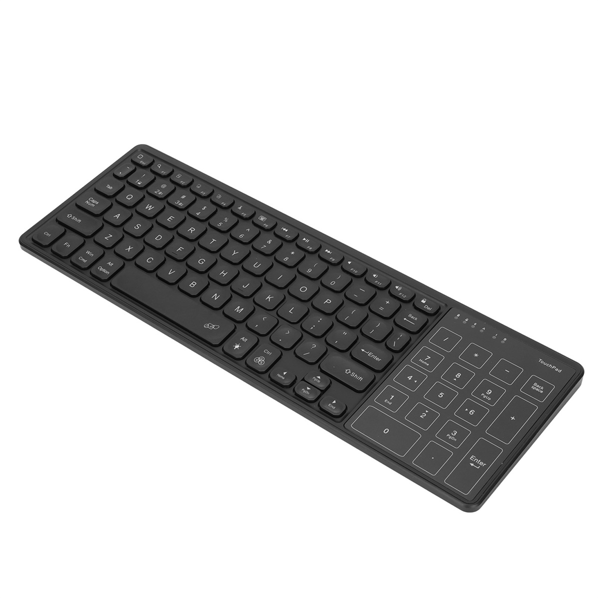 Schwarze kabellose Tastatur mit Touchpad. Tasten und Nummernblock sind sichtbar.
