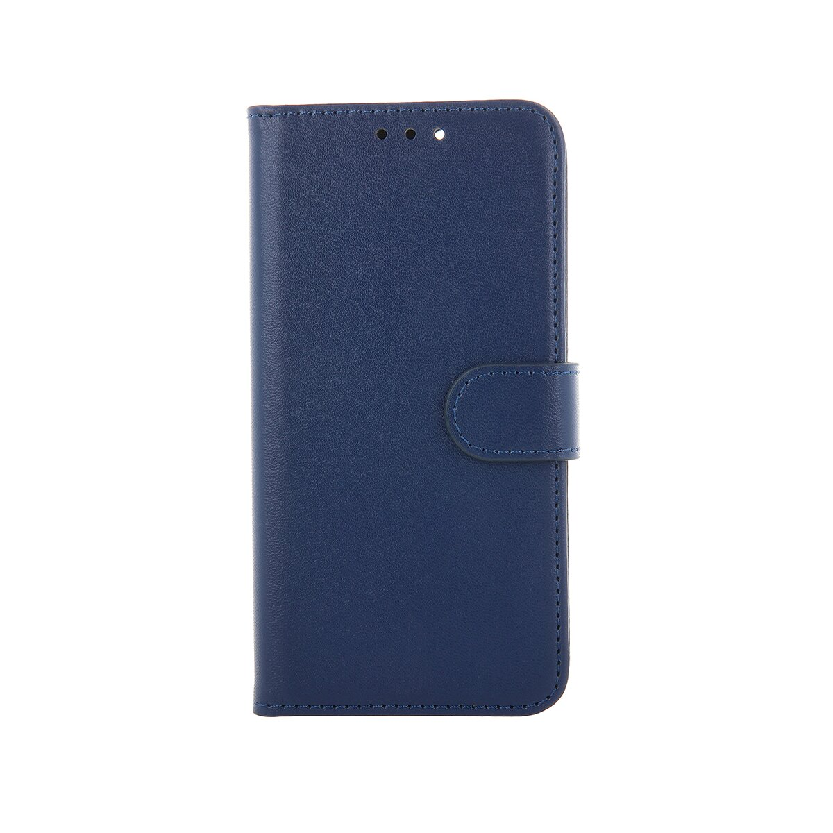Custodia per telefono blu simile alla pelle, chiusa con cinturino magnetico. Sfondo bianco.