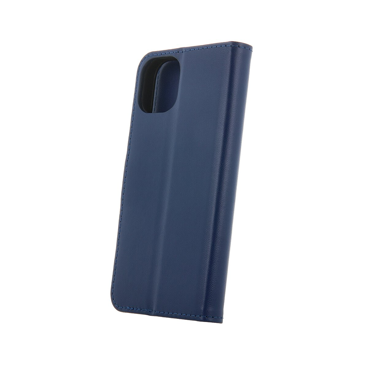 Custodia per telefono blu, con foro per la fotocamera. È chiusa, con un design semplice.