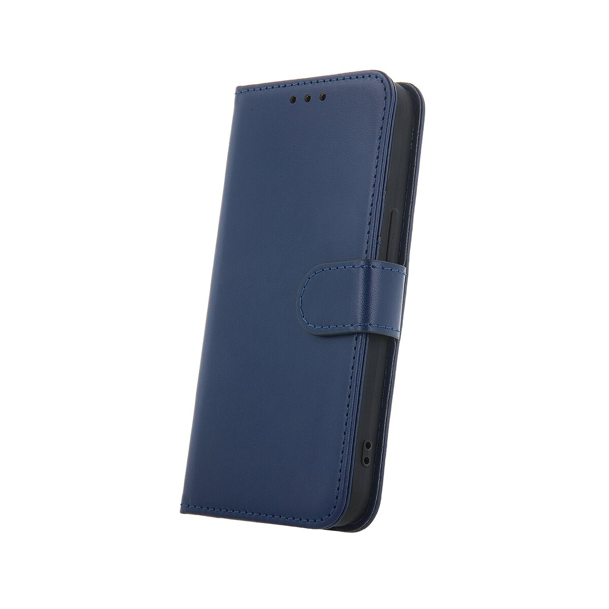 Una custodia per telefono blu navy chiusa con chiusura magnetica, su sfondo bianco.
