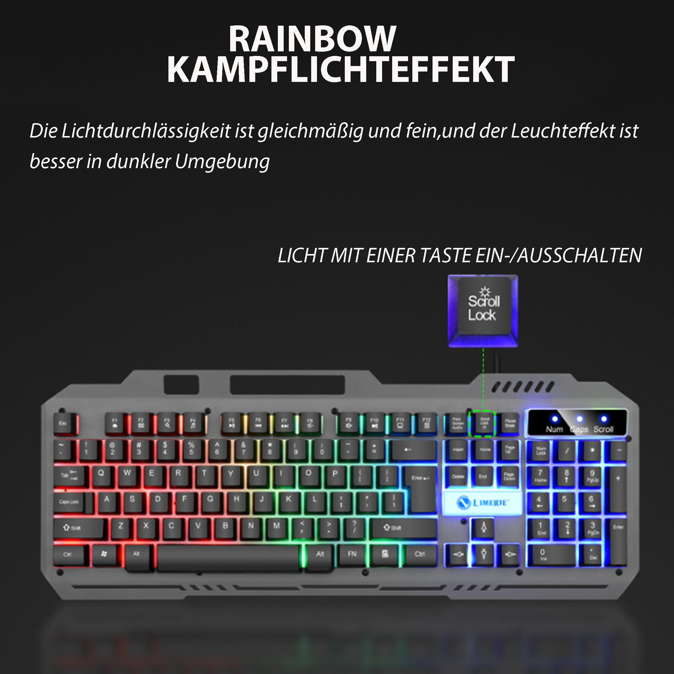 Eine bunte Gaming-Tastatur. Sie hat viele Tasten mit verschiedenen Farblicht.