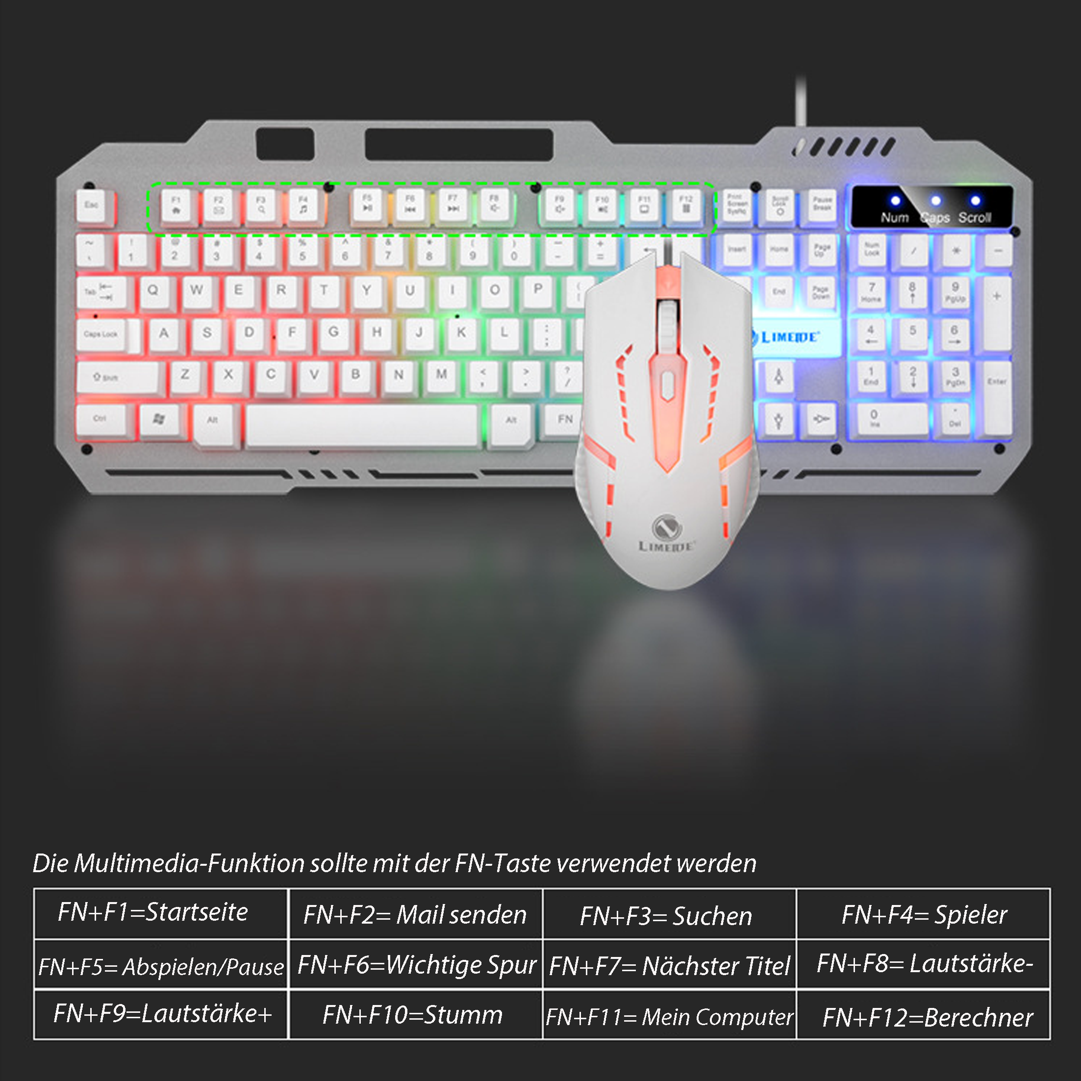 Eine silberne Gaming-Tastatur mit beleuchteten Tasten und eine weiße Gaming-Maus auf weißem Grund.