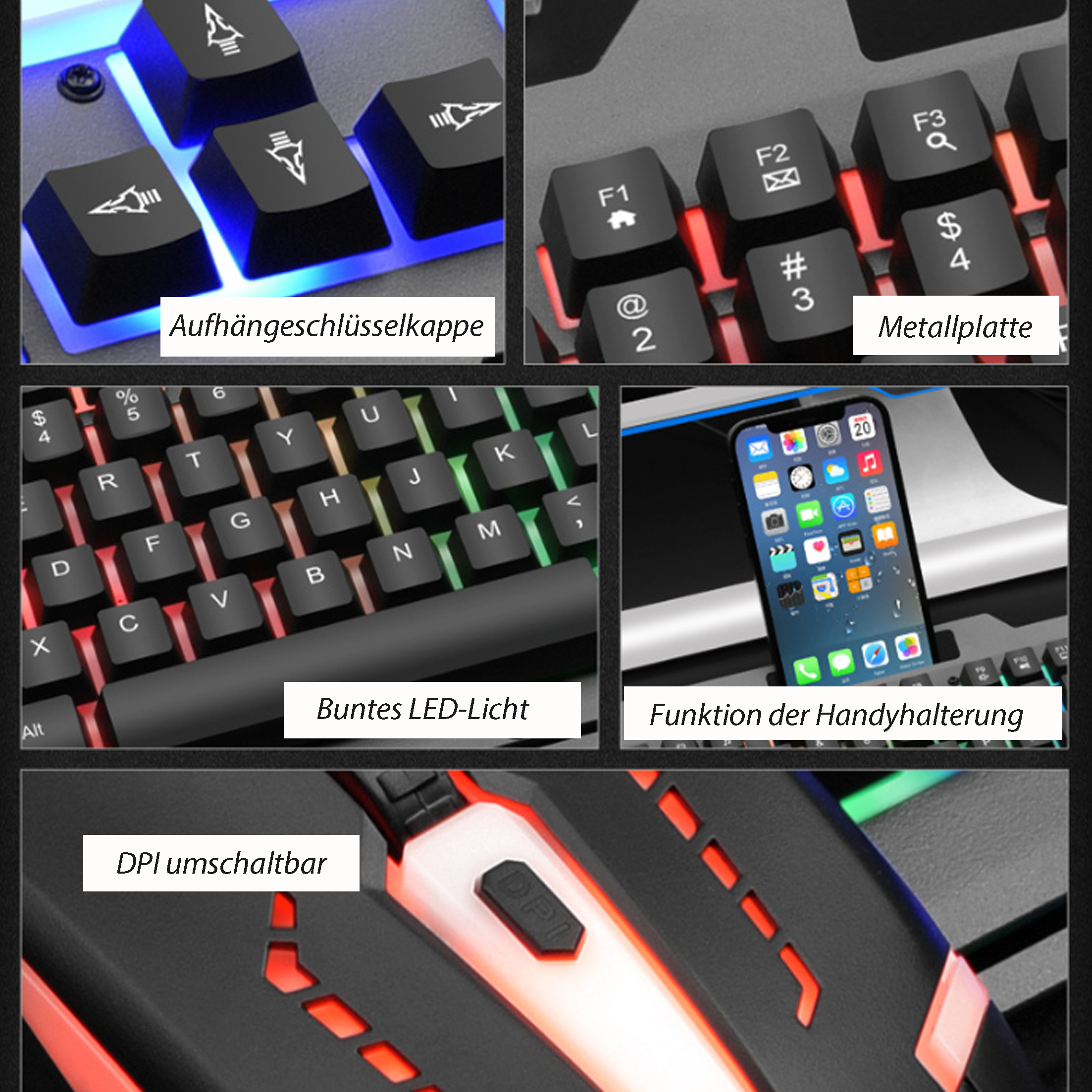 Nahaufnahme von Gaming-Tastatur und -Maus, zeigt Tasten, LED-Lichter. Verschiedene Textbezeichnungen.