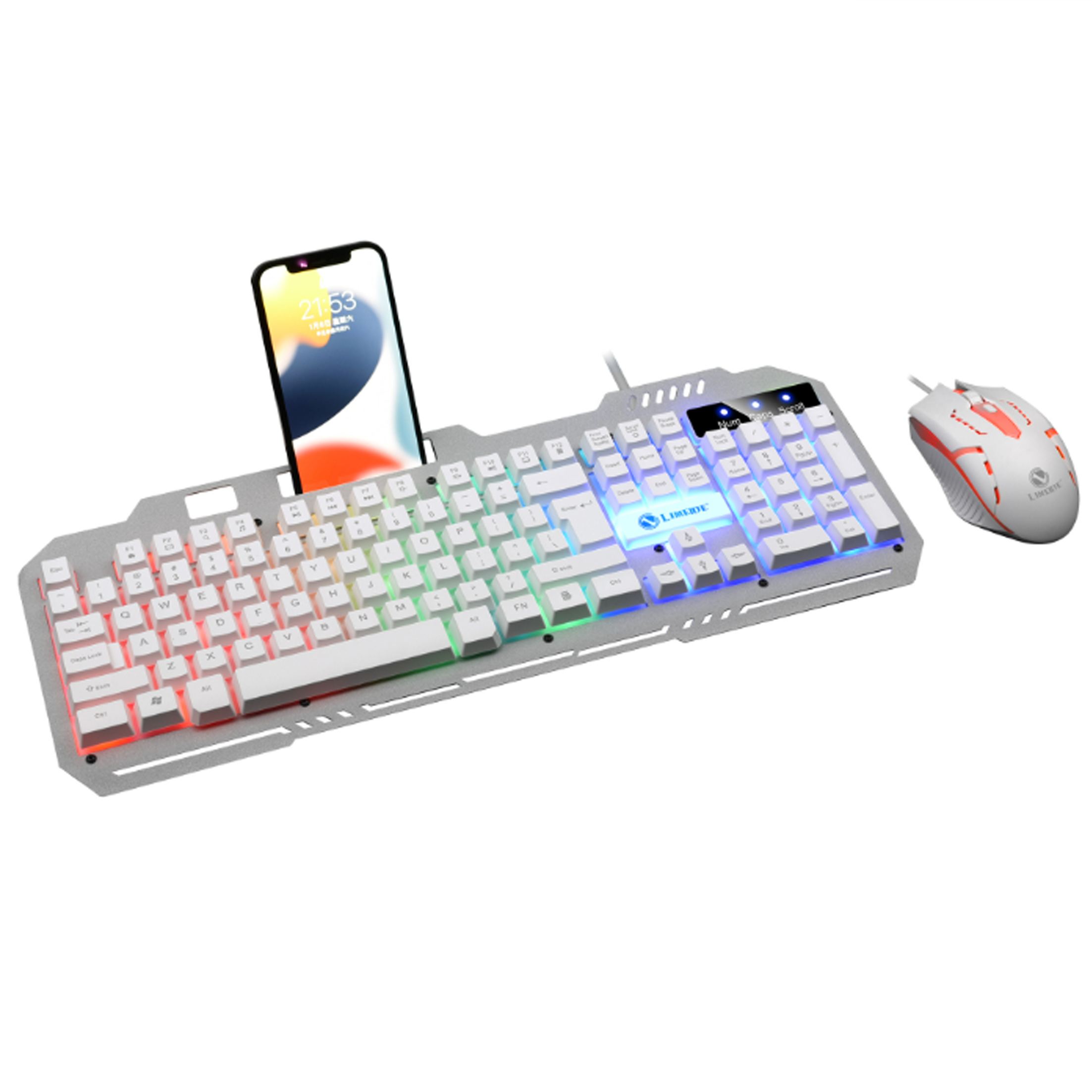 Eine silberne Gaming-Tastatur mit einem Telefon im Ständer und eine weiße Gaming-Maus.