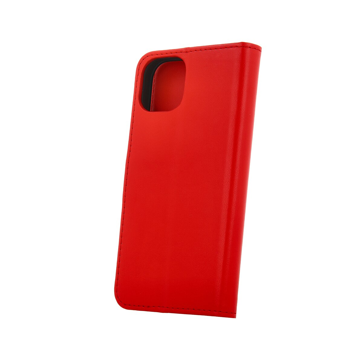 Custodia rossa per telefono, consistenza pelle, vista laterale, mostra il foro della fotocamera.