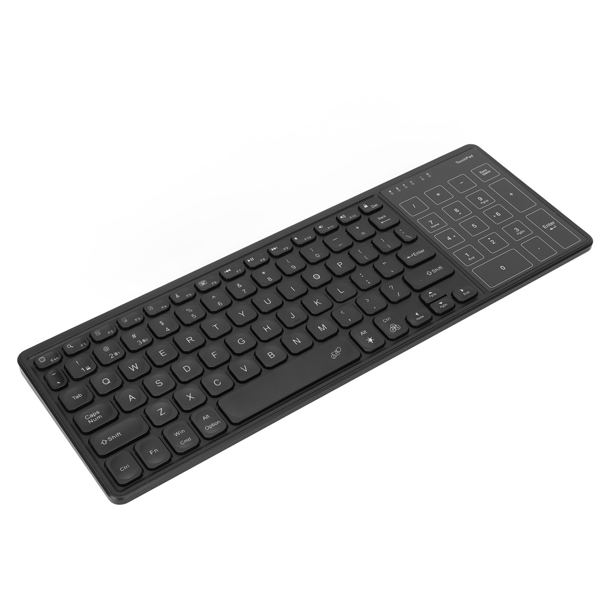 Eine schwarze Tastatur mit Nummernblock, leicht angewinkelt.