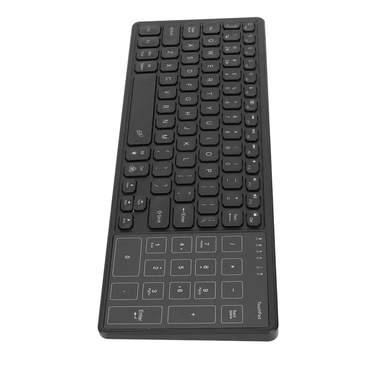 Schwarze, kabellose Tastatur mit Nummernblock und Touchpad. Draufsicht auf Tasten und Layout.