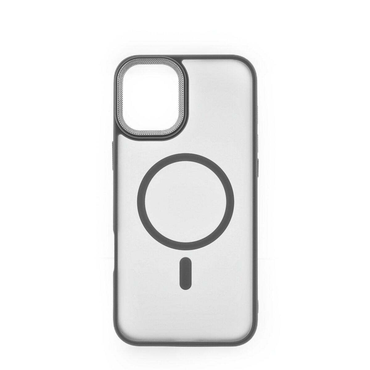 Custodia per telefono nera con ritaglio per fotocamera e area di ricarica circolare. Sfondo bianco.