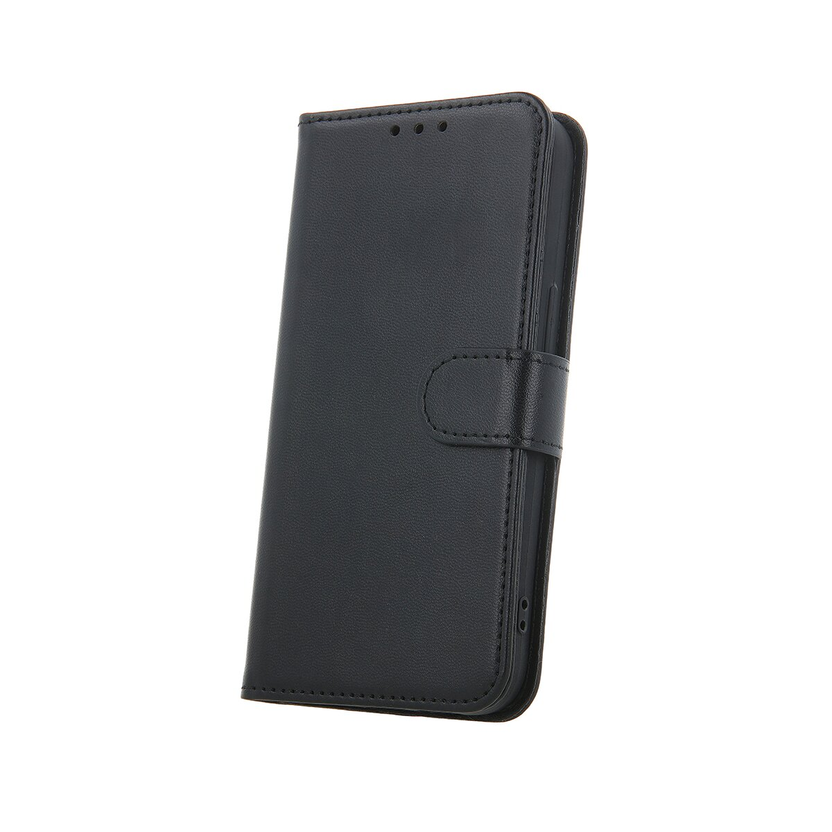 Custodia per telefono nera. È chiusa e ha una chiusura magnetica.