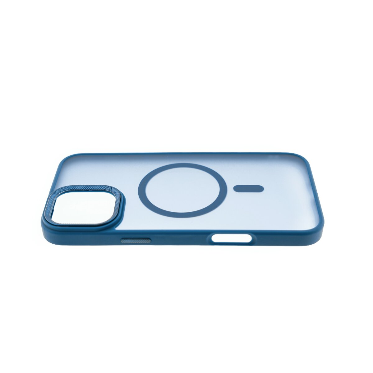 Una custodia blu per telefono con un ritaglio per la fotocamera e un'area di ricarica rotonda.