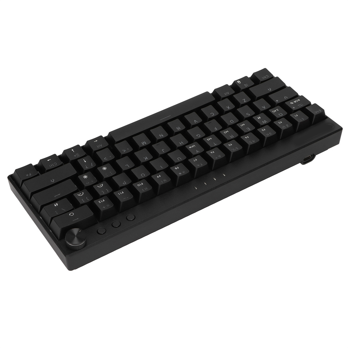 Eine schwarze Tastatur. Es ist ein kompaktes Design mit schwarzen Tasten und einem Lautstärkerad.