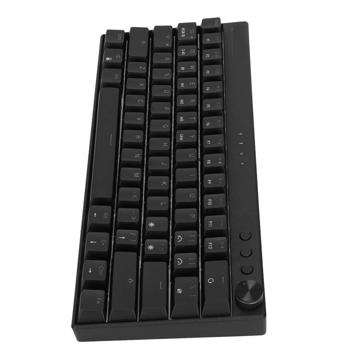Schwarze mechanische Tastatur mit schwarzen Tasten. Die Tastatur hat verschiedene Funktionstasten und einen runden Knopf.