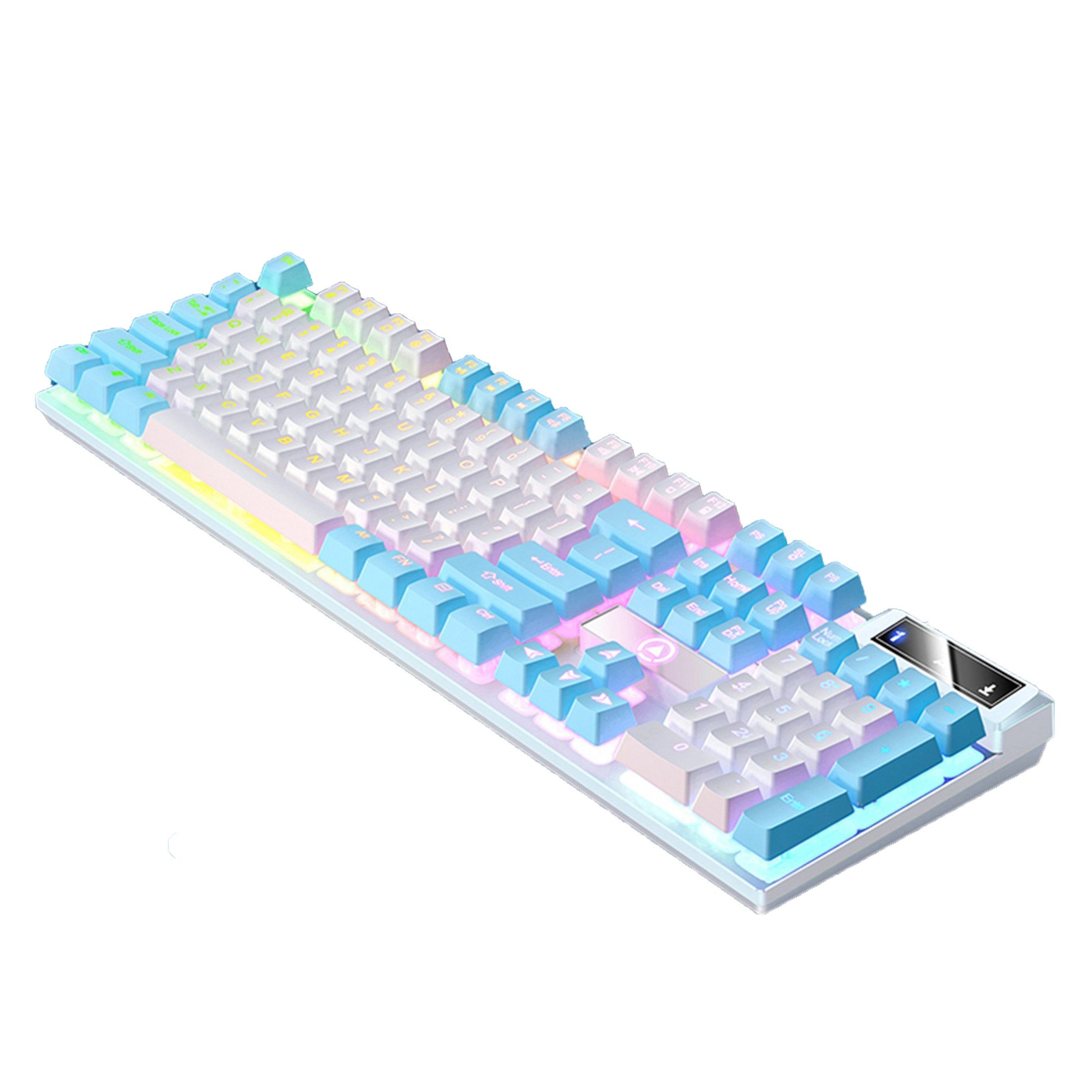 Biało-niebieska klawiatura z podświetlanymi klawiszami, ustawiona pod kątem.