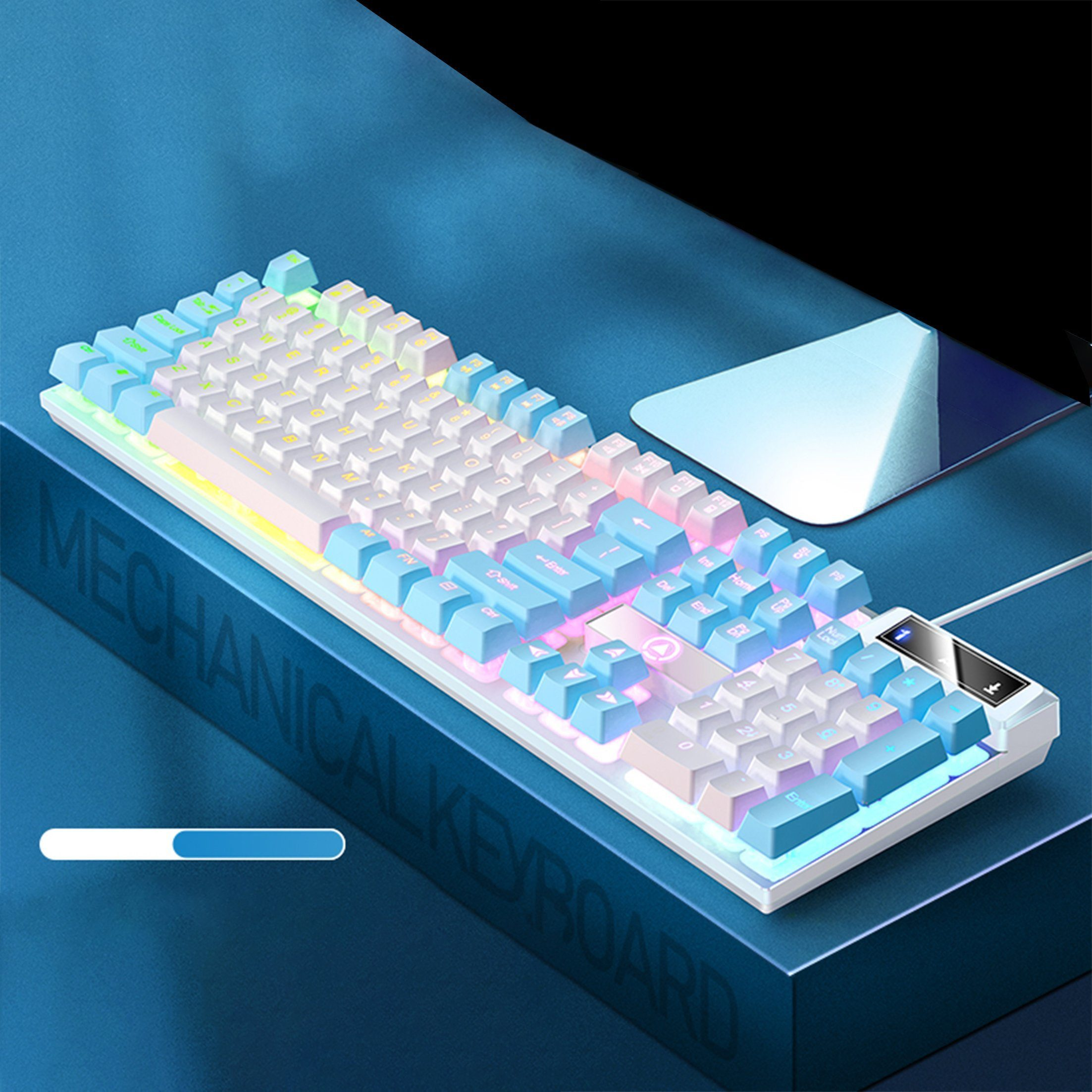 Klawiatura mechaniczna z niebieskimi i białymi klawiszami, podświetlana wielokolorowymi światłami.
