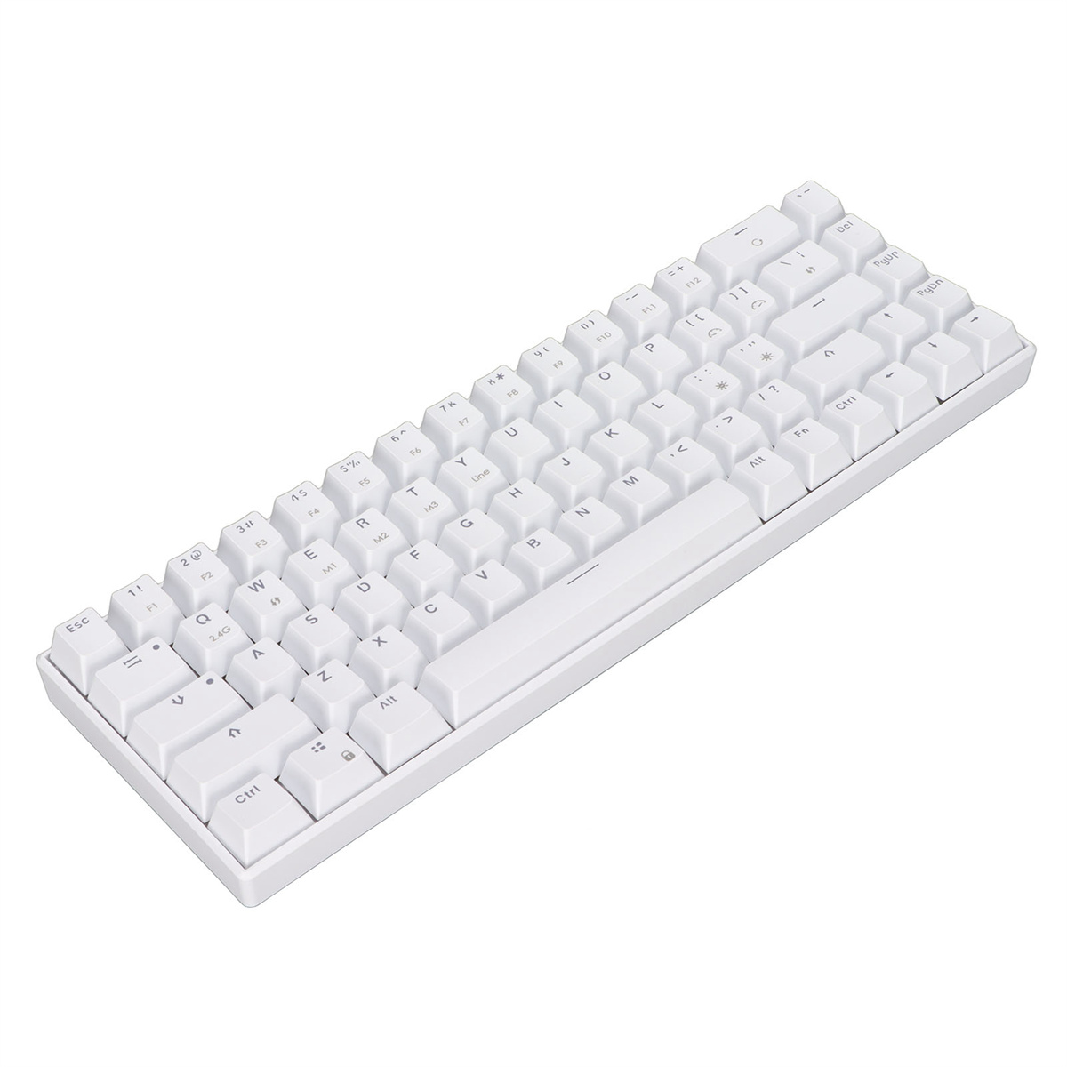 Weiße mechanische Tastatur mit weißen Tastenkappen. Angesichtete Draufsicht.