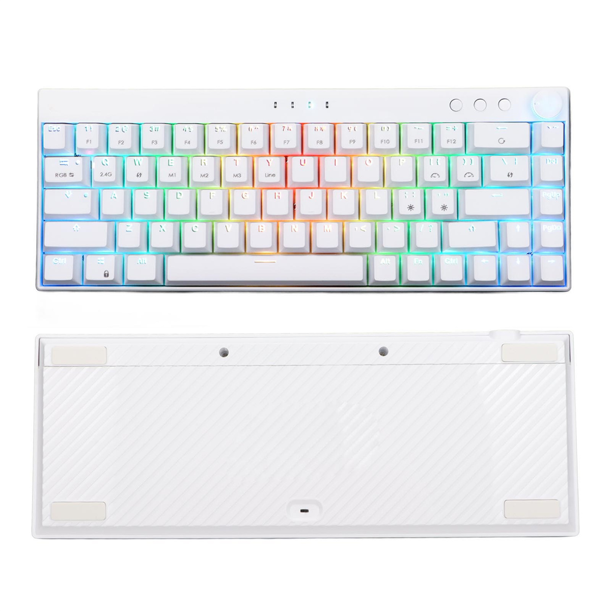 Weiße mechanische Tastatur mit bunten Tasten und RGB-Beleuchtung. Unteransicht zeigt strukturierte Oberfläche und Gummifüße.