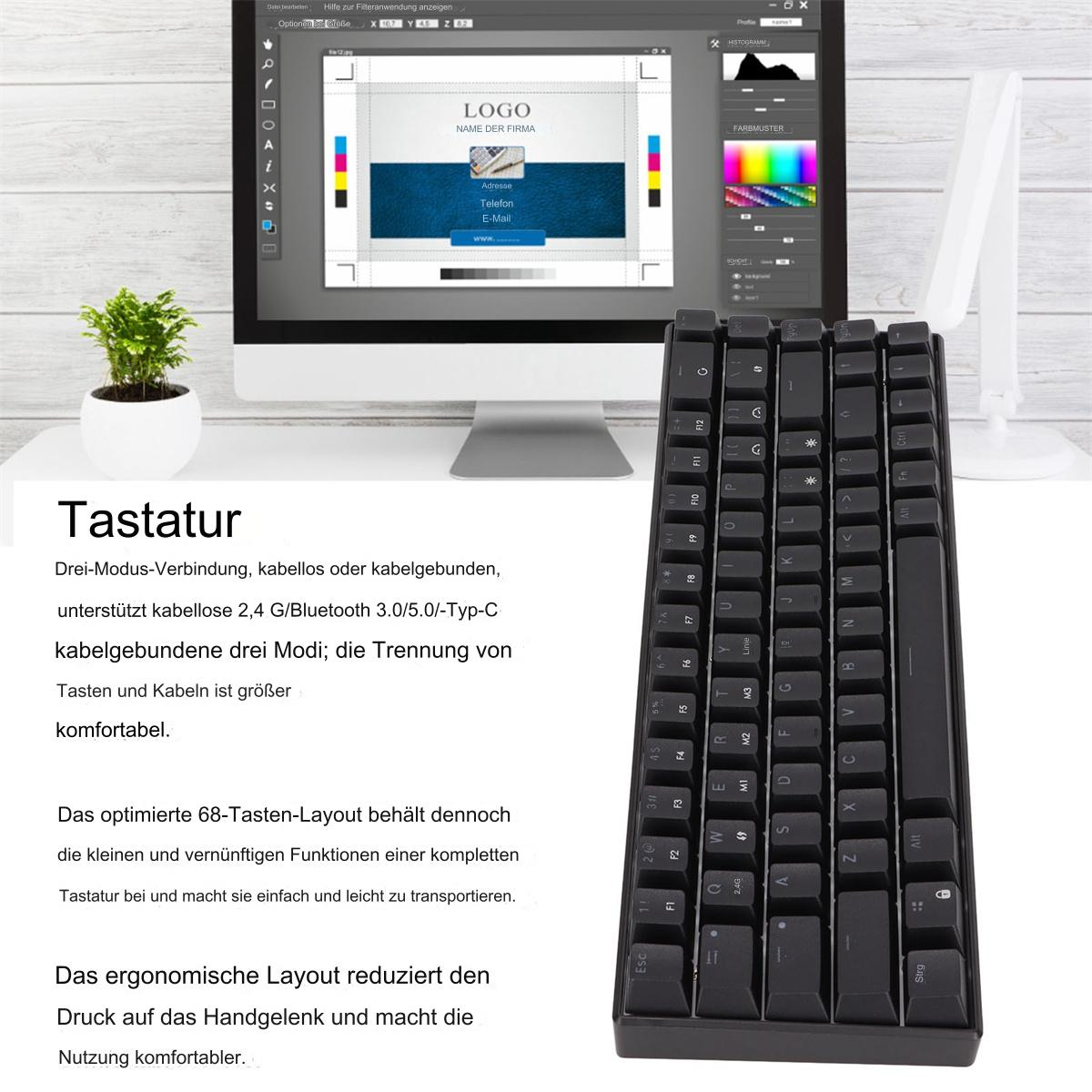 Schwarze Tastatur auf einem Schreibtisch mit Computerbildschirm im Hintergrund. Text auf Deutsch.