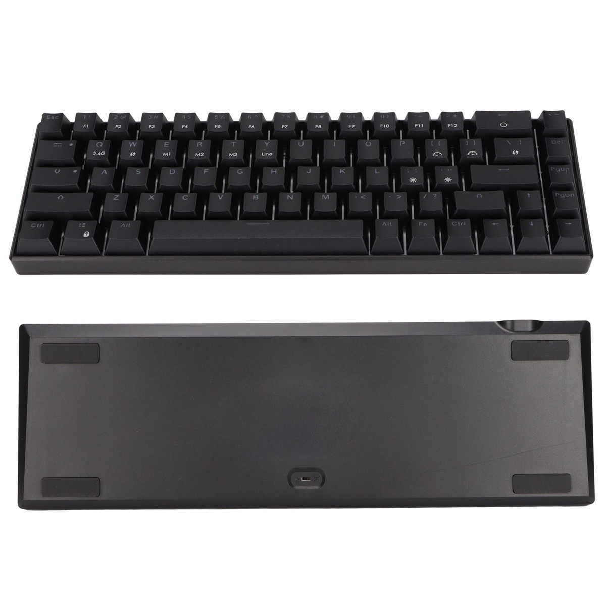 Schwarze Tastatur, Ober- und Unteransicht; Tasten sichtbar; weißer Hintergrund.