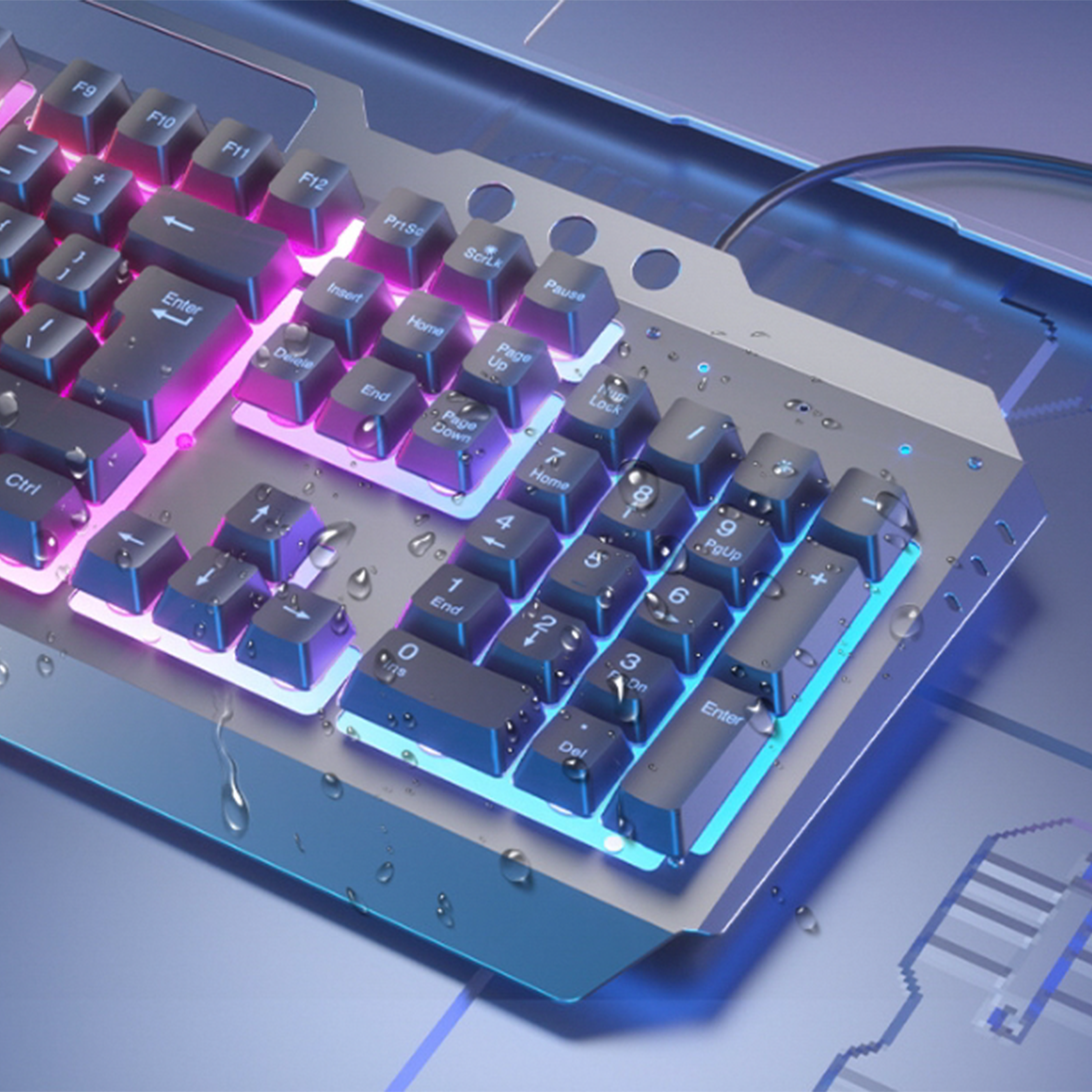 Gaming-Tastatur mit RGB-Beleuchtung und vielen Tasten, silber und schwarz. Wassertropfen sind auf der Tastatur sichtbar.
