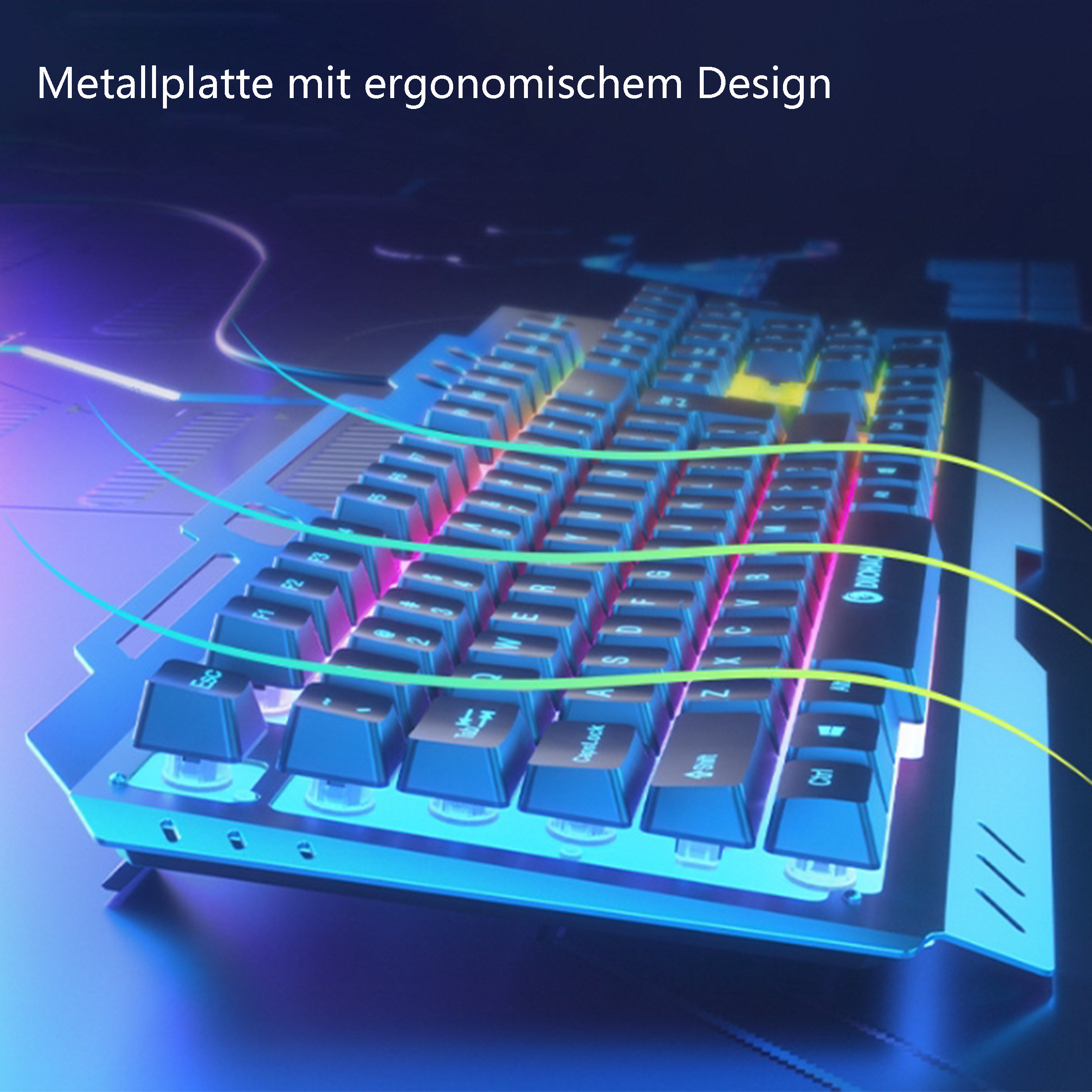 Eine mechanische Tastatur mit Metallplatte und farbigen Lichtern unter den Tasten. Die Tasten sind schwarz.