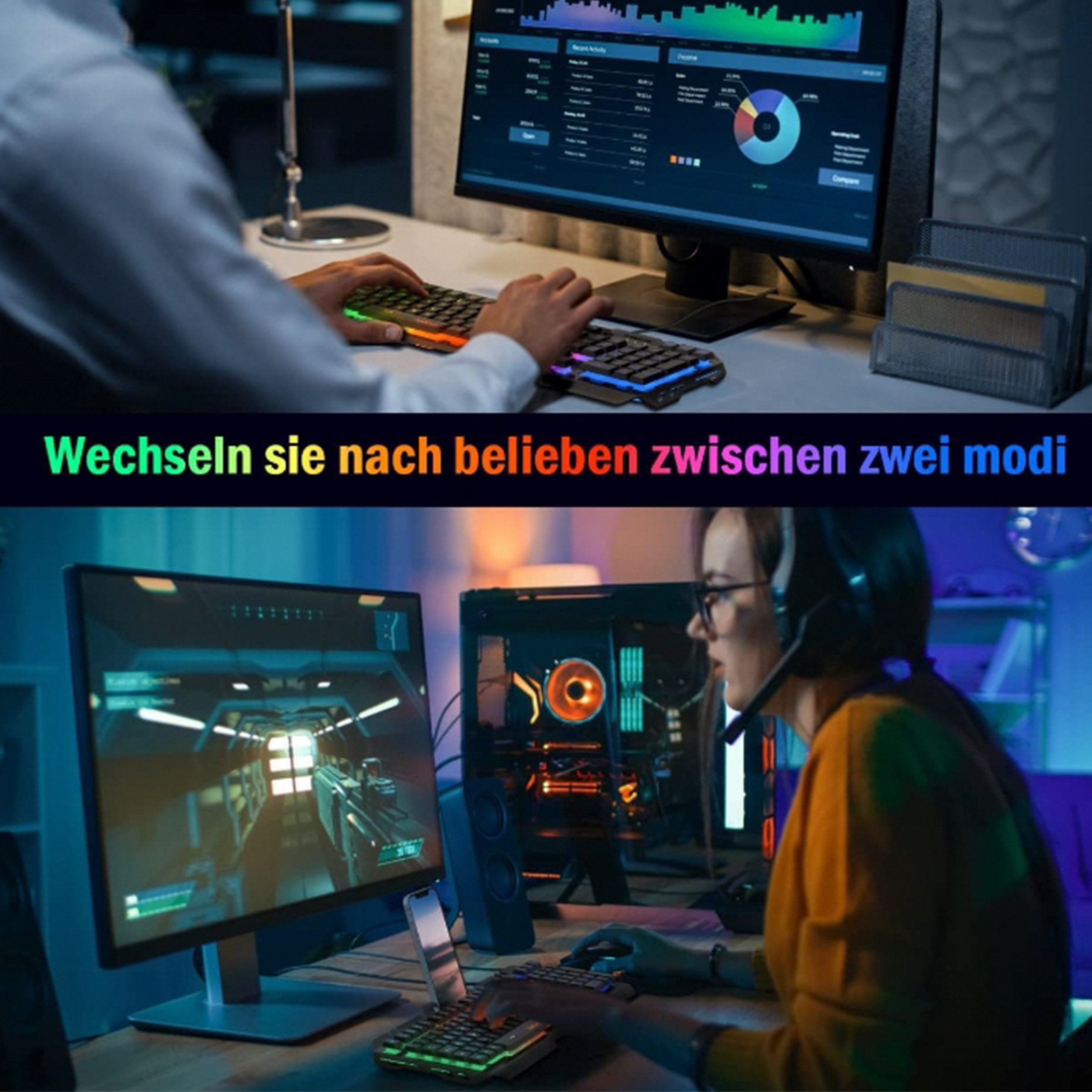 Oben: Hände auf Tastatur, Monitor mit Diagrammen. Unten: Gamer mit Headset, Gaming. Text-Overlay.