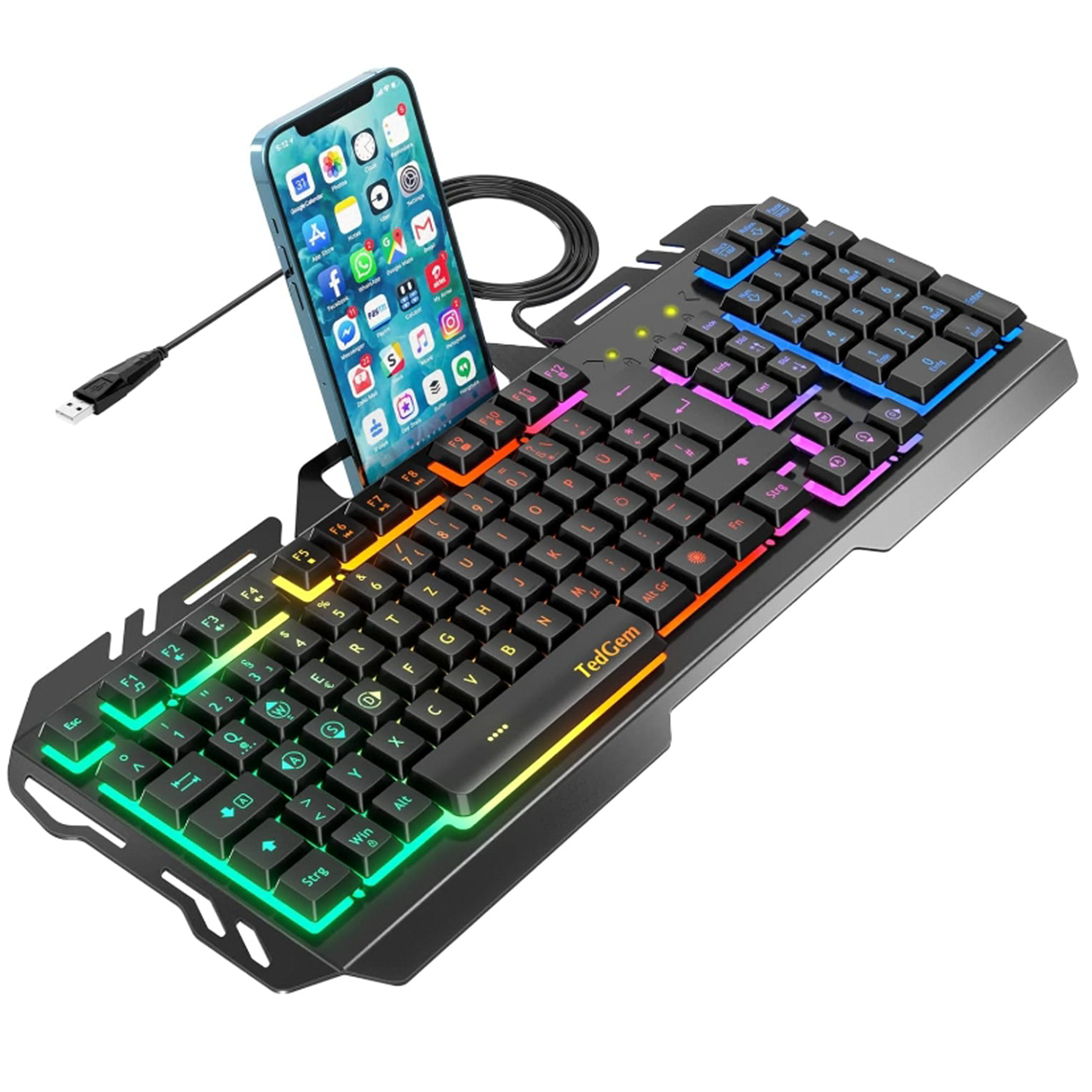 Schwarz beleuchtete Tastatur mit Telefon. Telefon zeigt App-Symbole an. USB-Kabel angeschlossen. RGB-Beleuchtung.