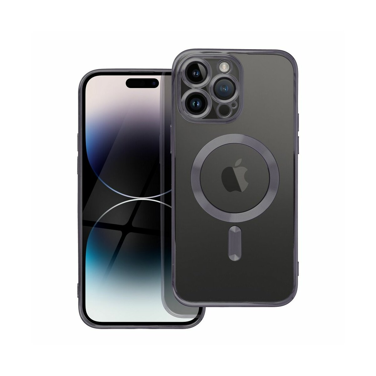 Custodia per iPhone 14 Pro con retro trasparente, mostra la fotocamera del telefono.