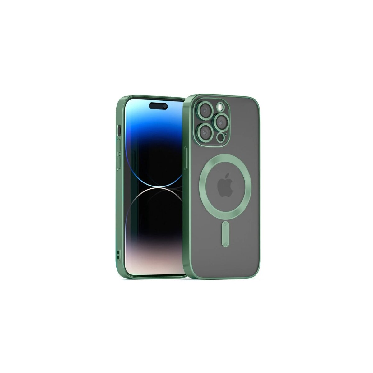 iPhone verde con custodia. La custodia è verde e trasparente. Telefoni su sfondo bianco.