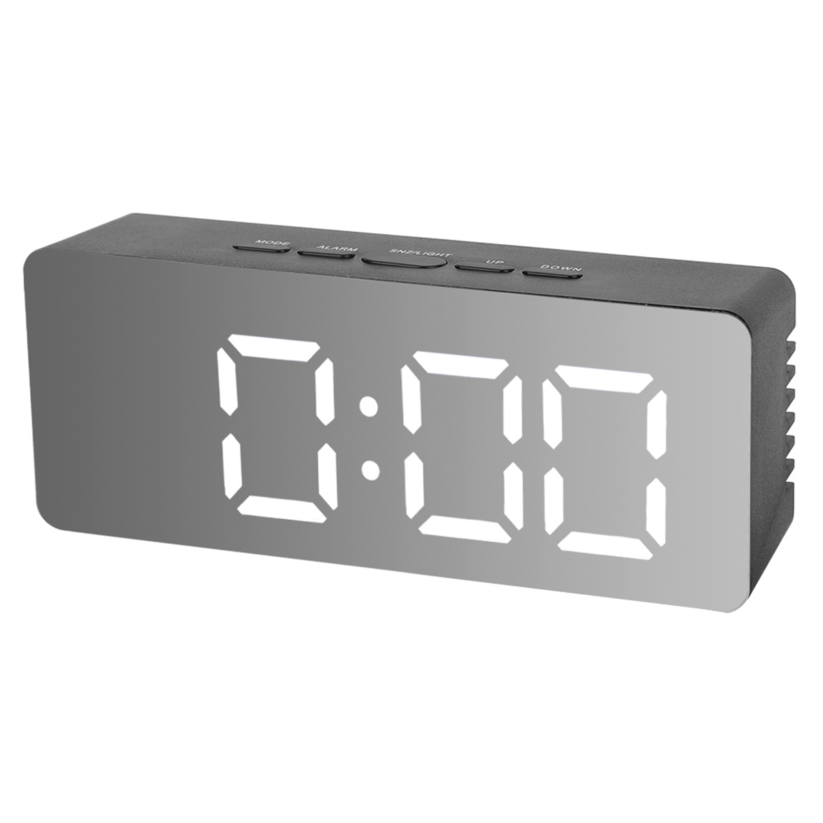 Digitaler Wecker, verspiegelte Oberfläche, zeigt 0:00.