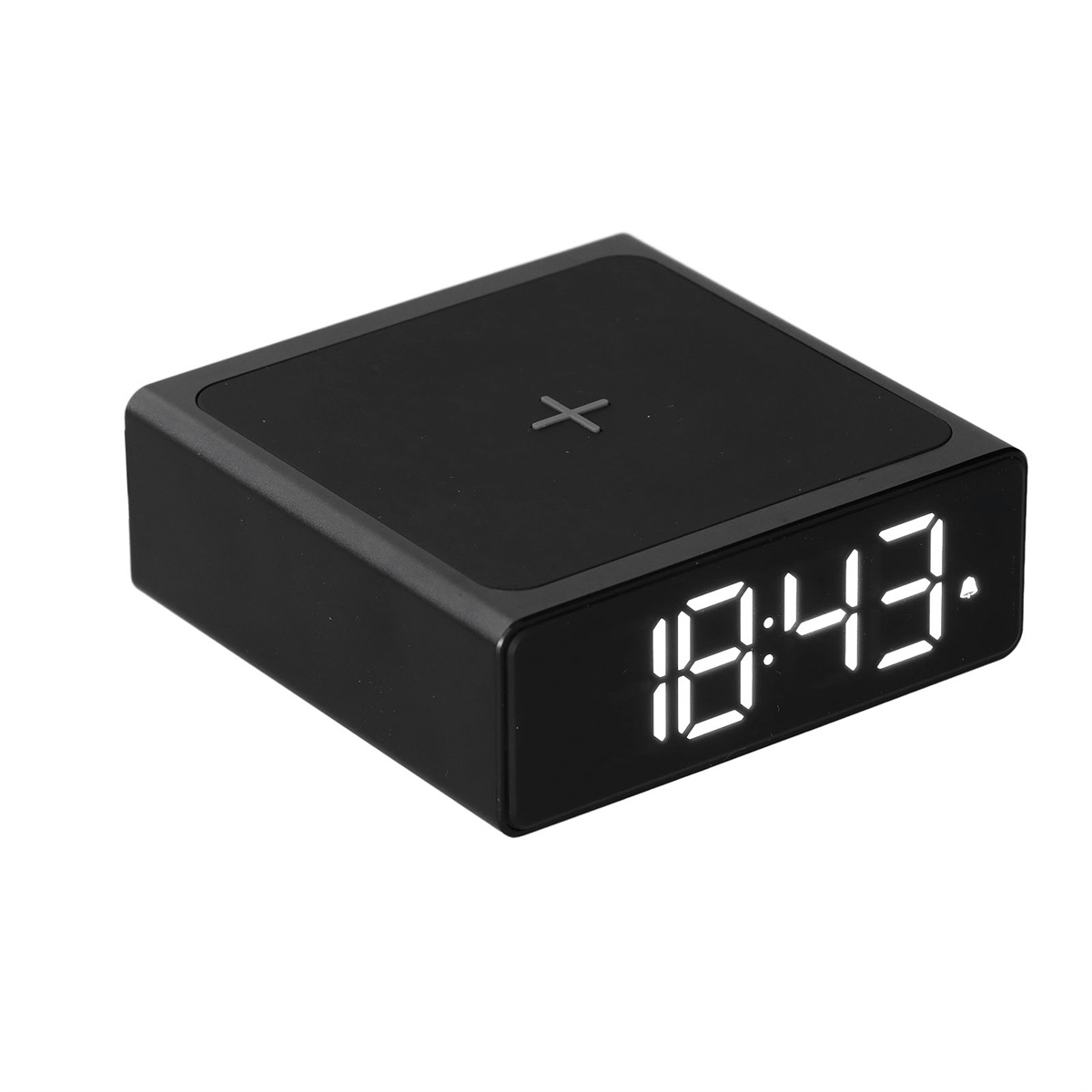 Eine schwarze, rechteckige Uhr mit Digitalanzeige, die 18:43 zeigt, wird gezeigt.