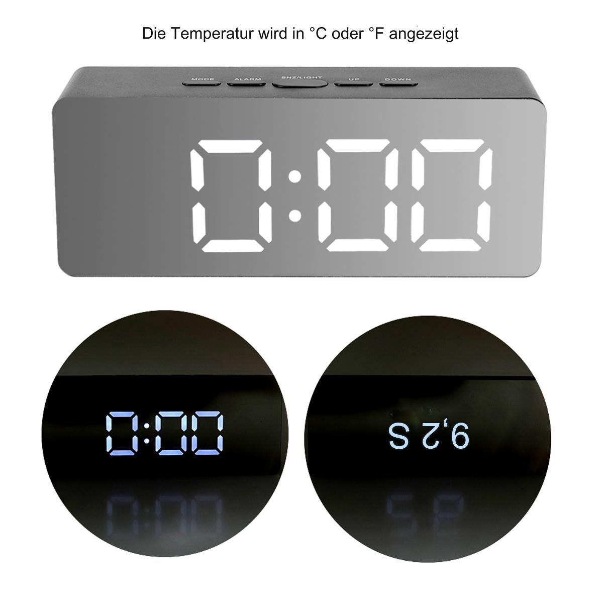 Digitaler Wecker mit verspiegelter Oberfläche, der die Zeit anzeigt. Zwei zusätzliche Zeitansichten werden gezeigt.